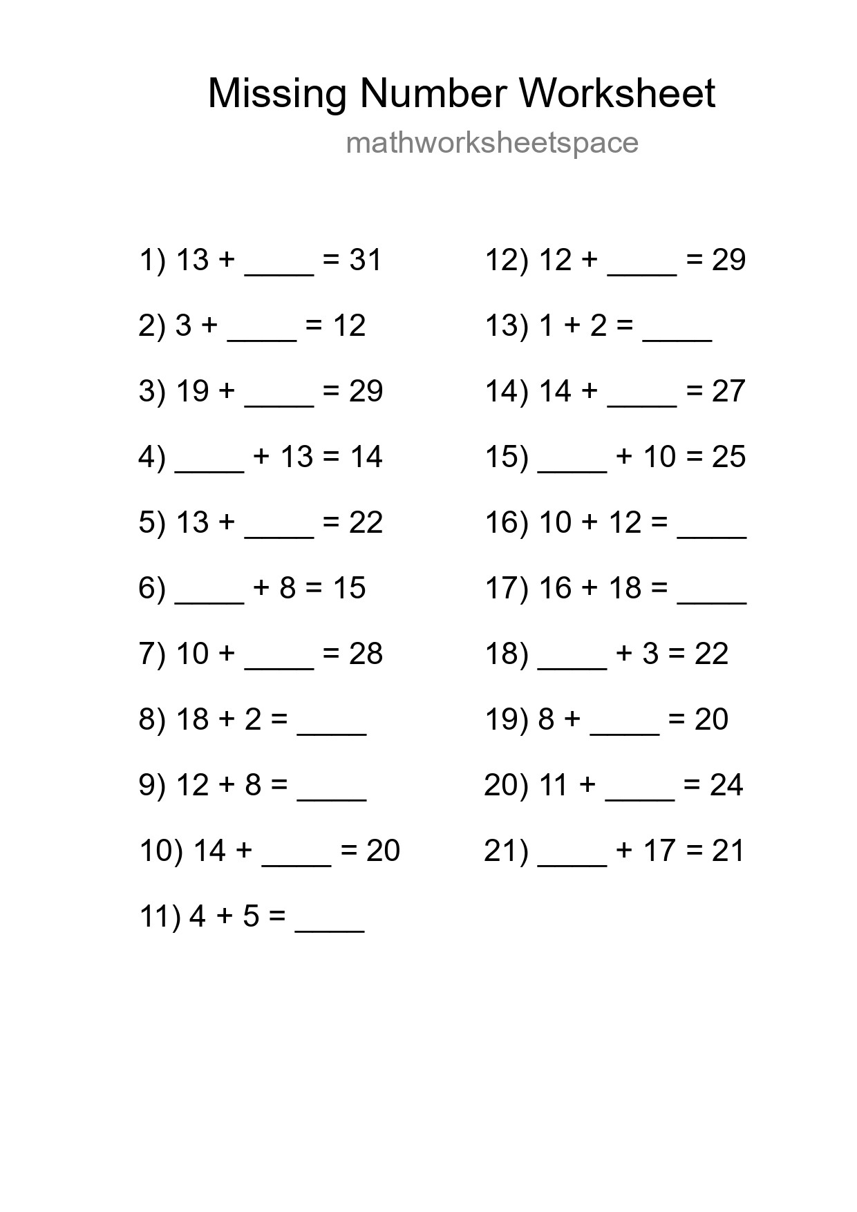 Missing Number Math Worksheet