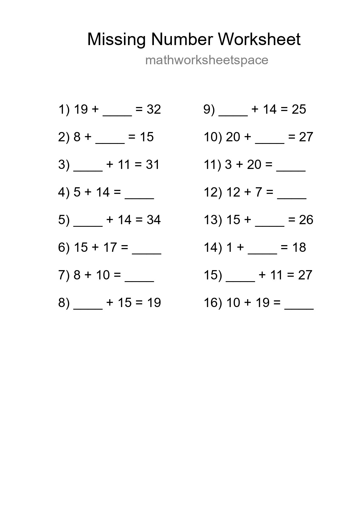 Missing Number Math Worksheet