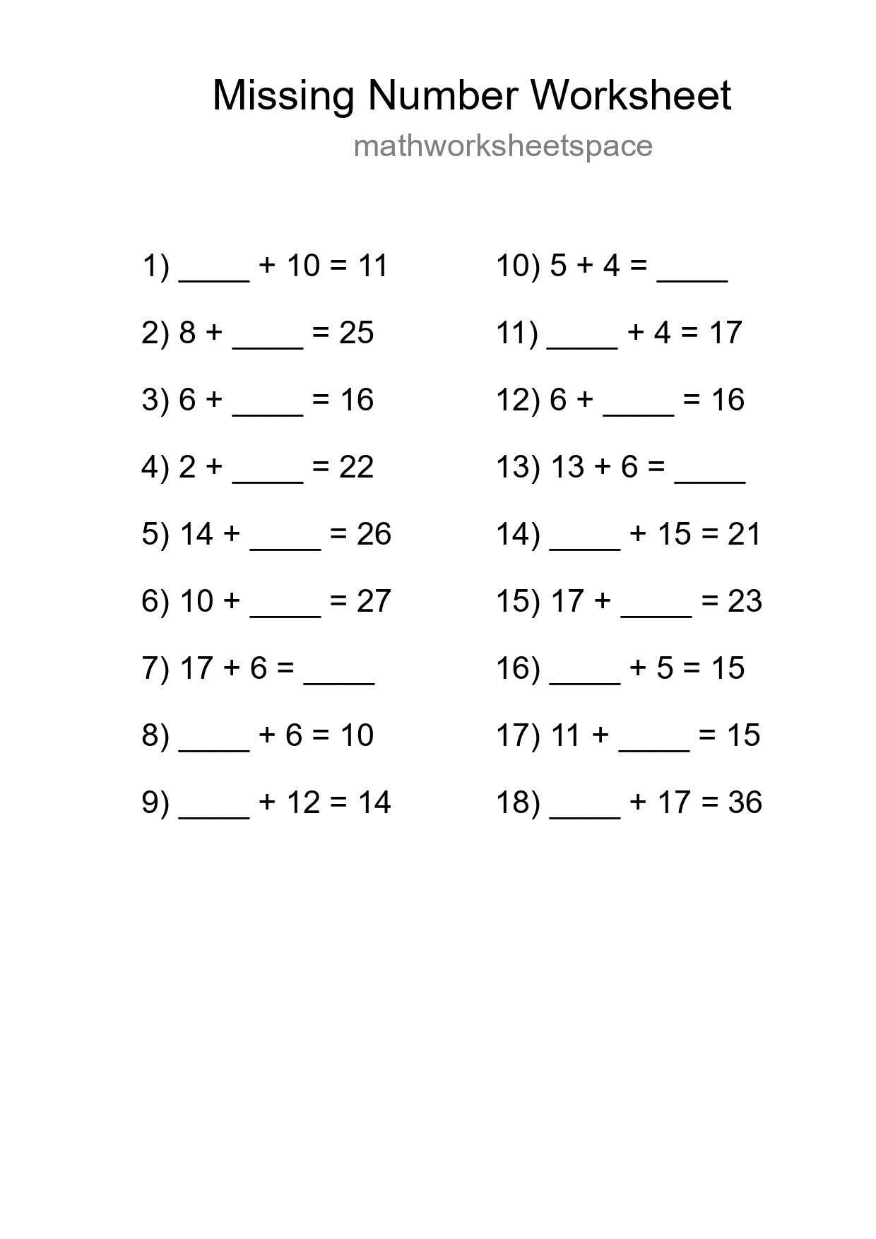Missing Number Math Worksheet