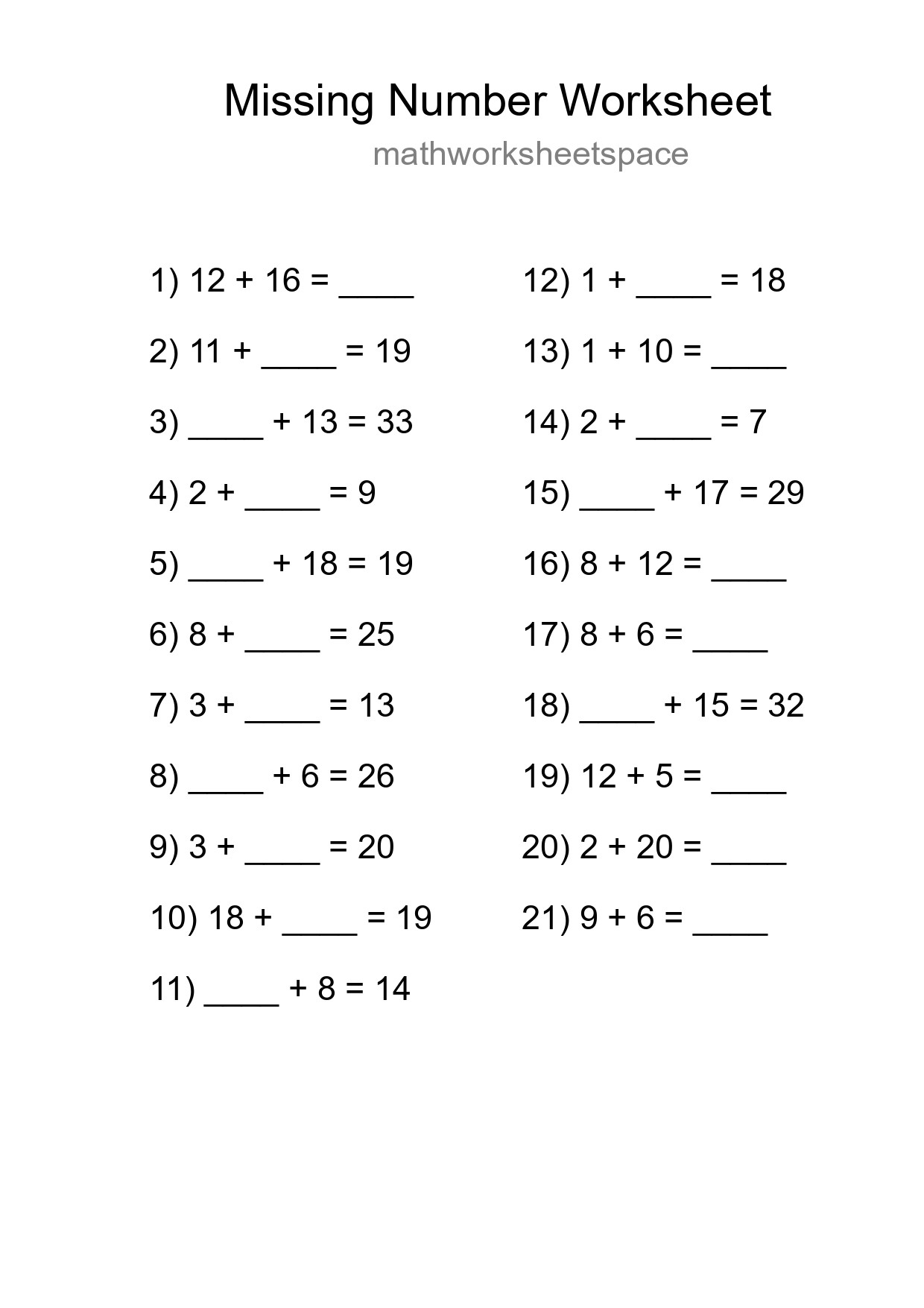 Missing Number Math Worksheet