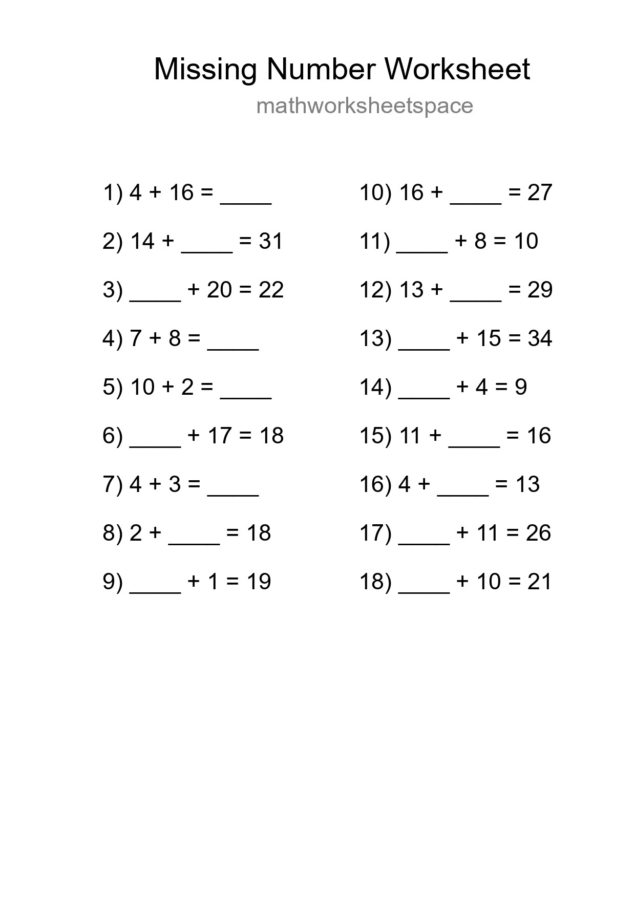 Missing Number Math Worksheet