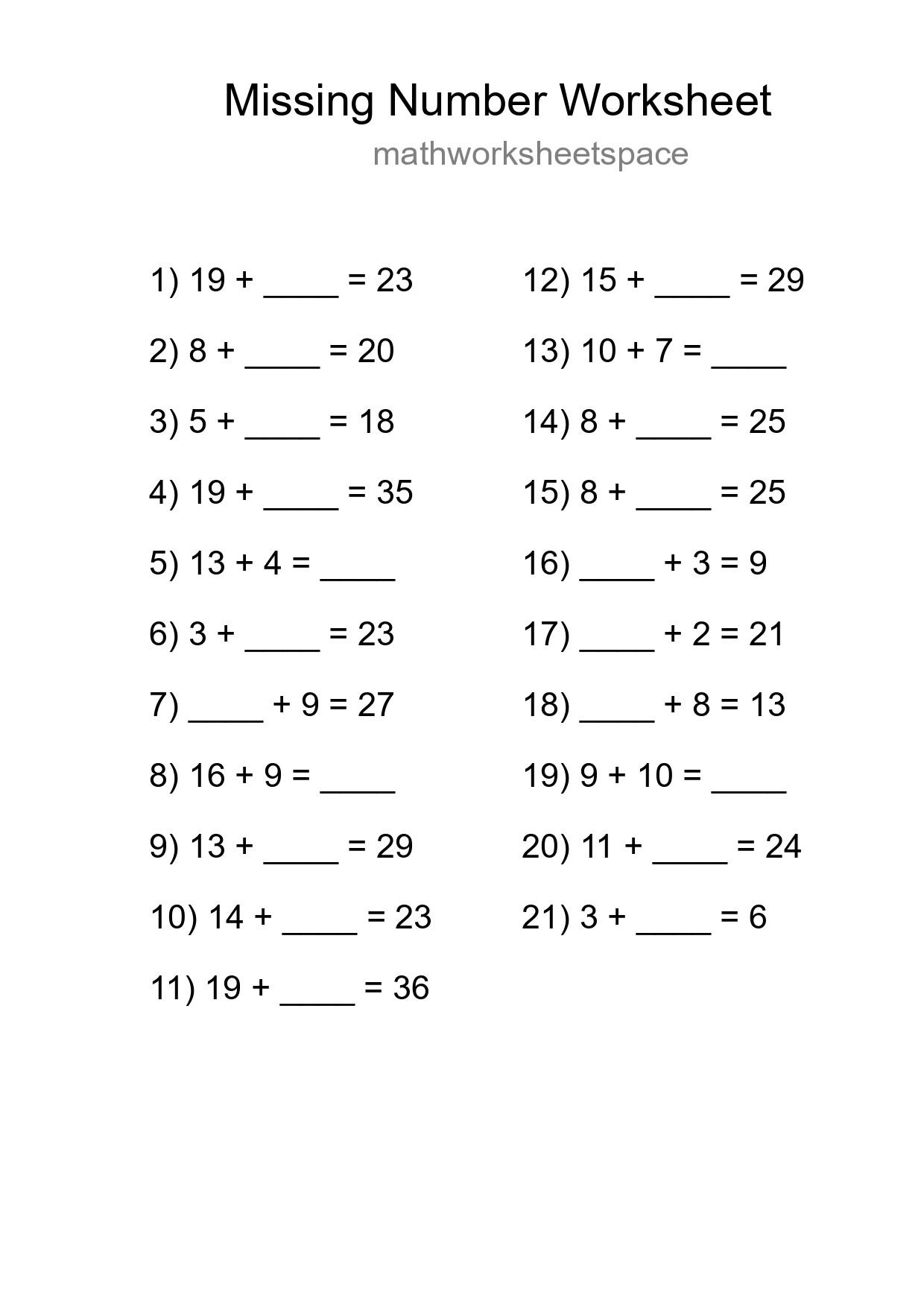 Missing Number Math Worksheet