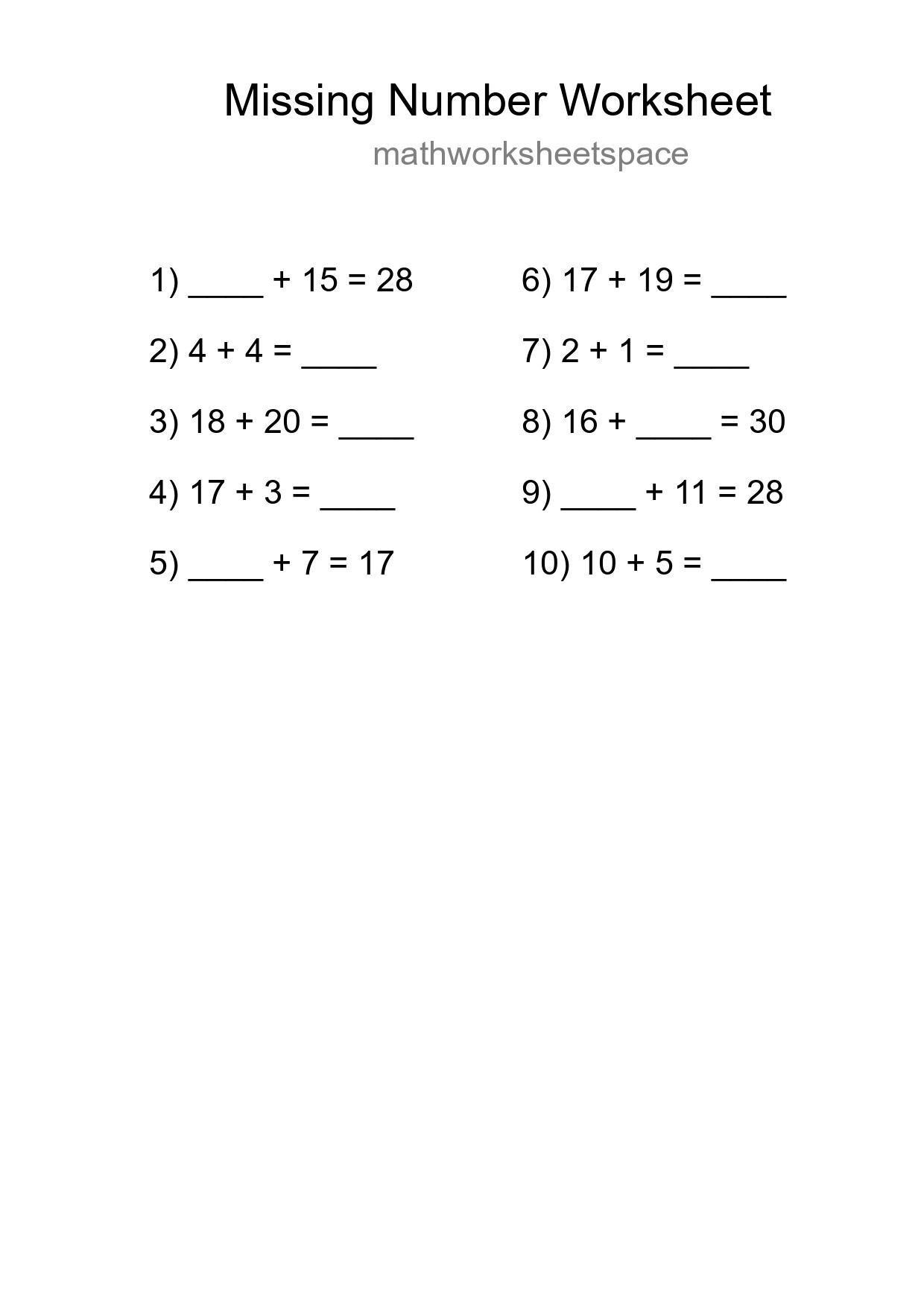 Missing Number Math Worksheet
