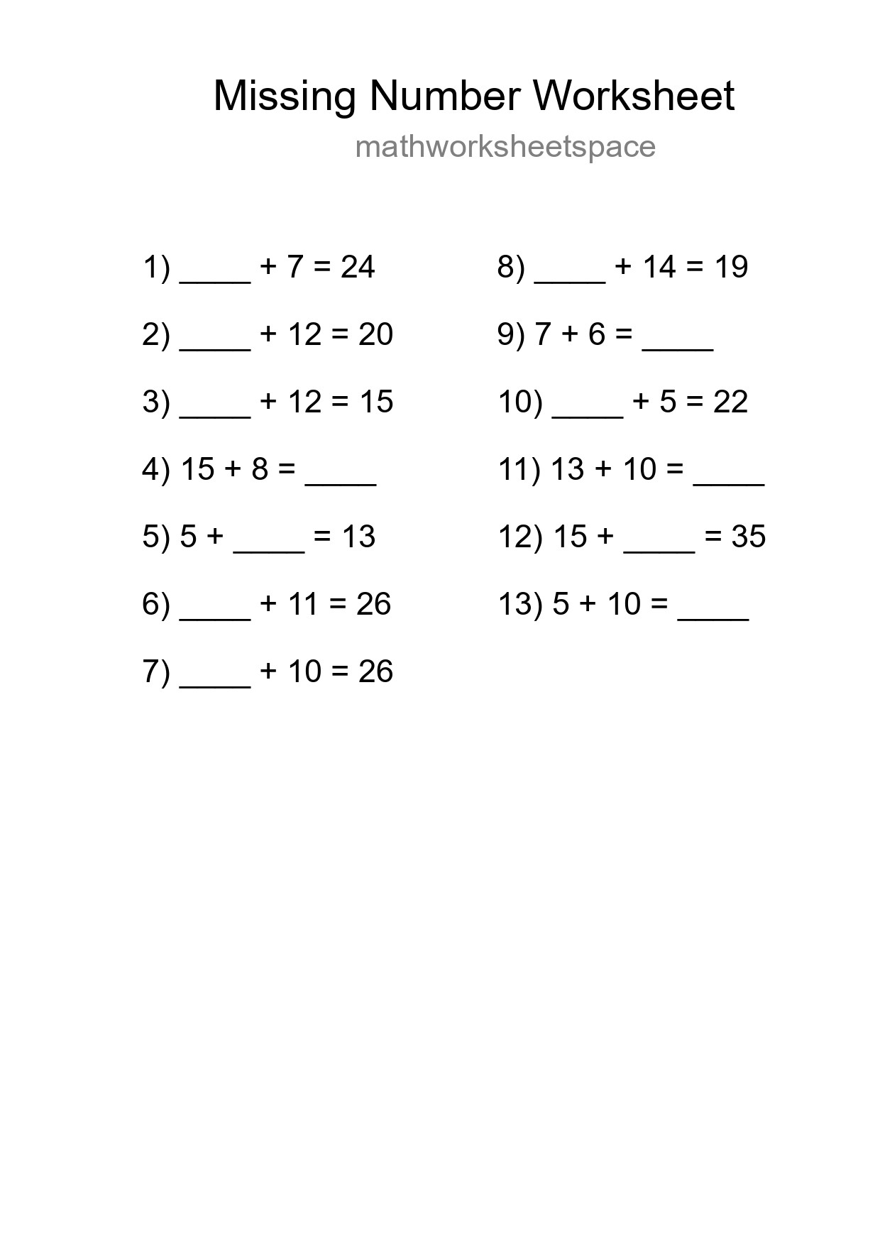 Missing Number Math Worksheet
