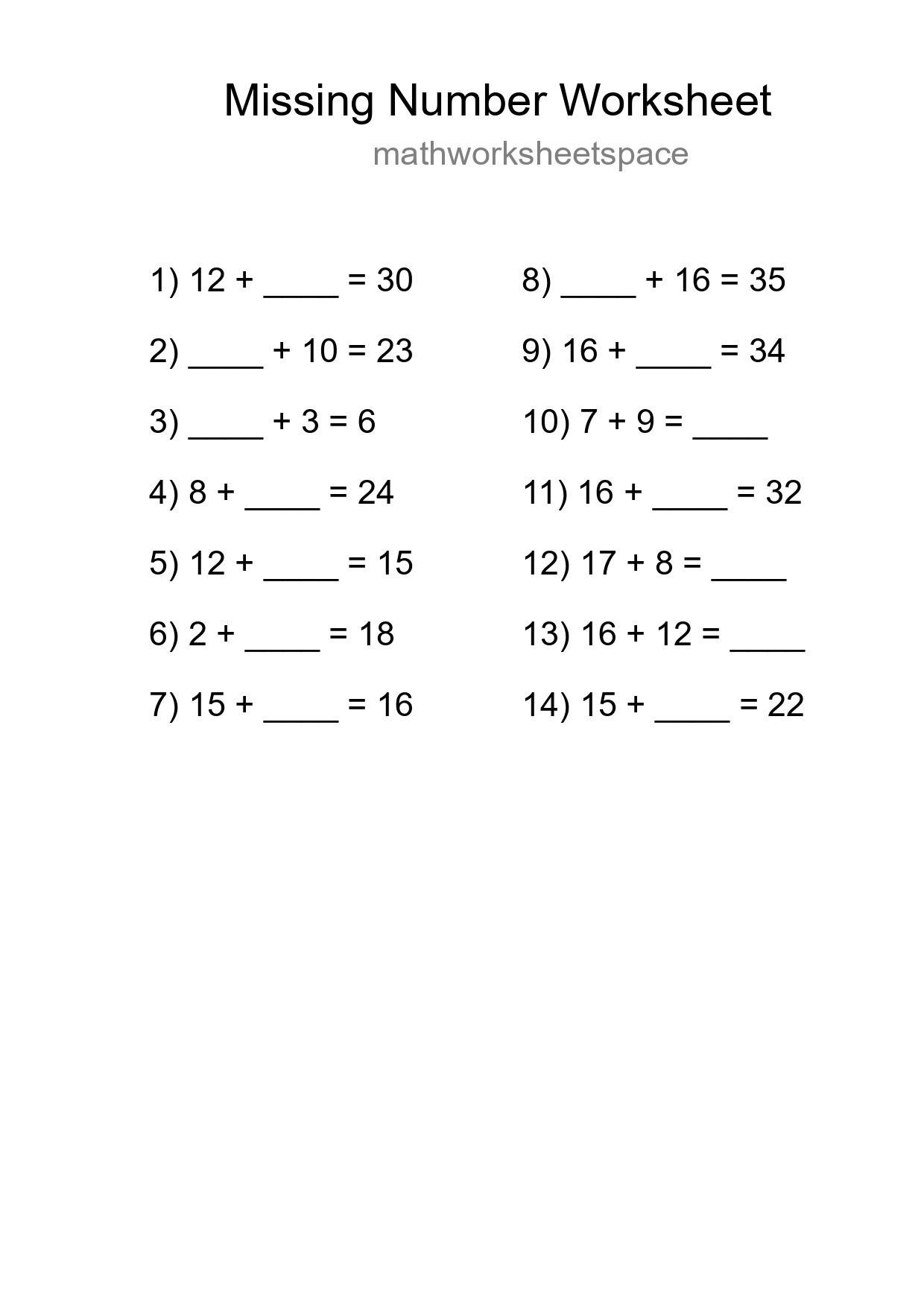 Missing Number Math Worksheet