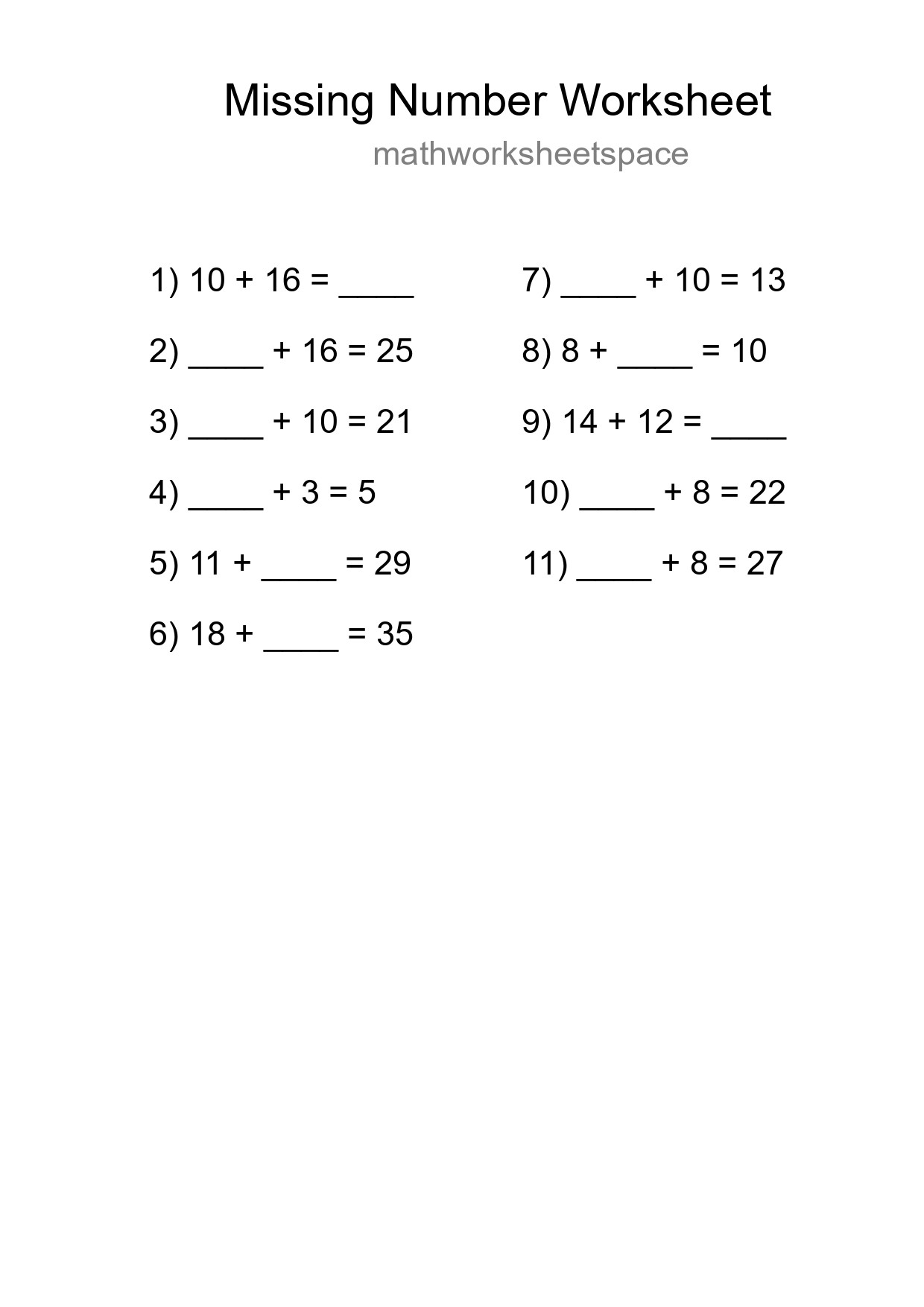 Missing Number Math Worksheet