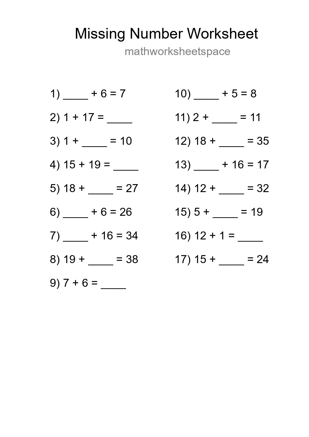 Missing Number Math Worksheet