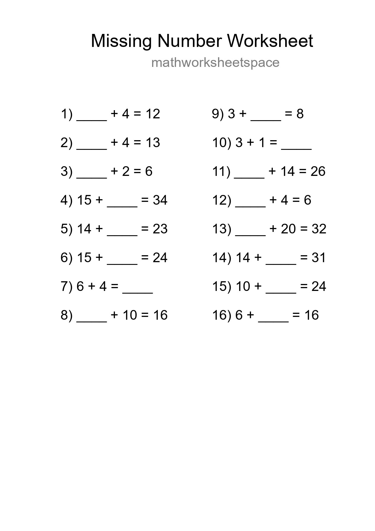 Missing Number Math Worksheet