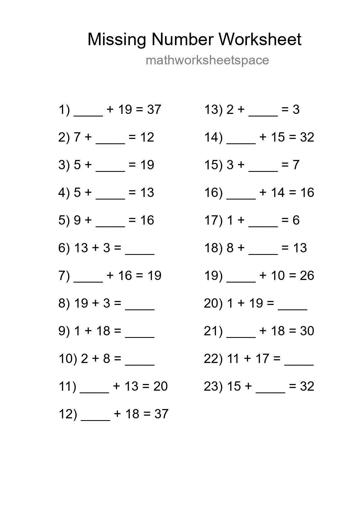 Missing Number Math Worksheet