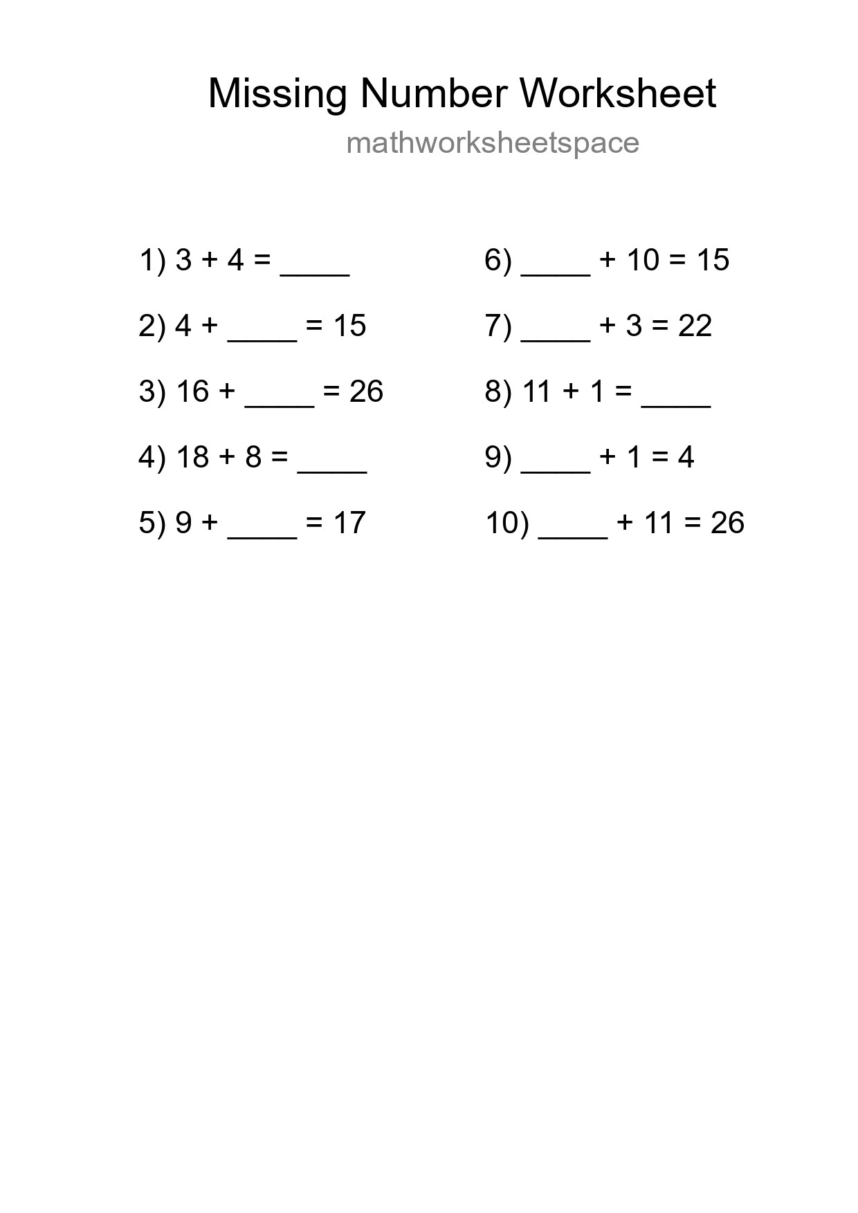 Missing Number Math Worksheet