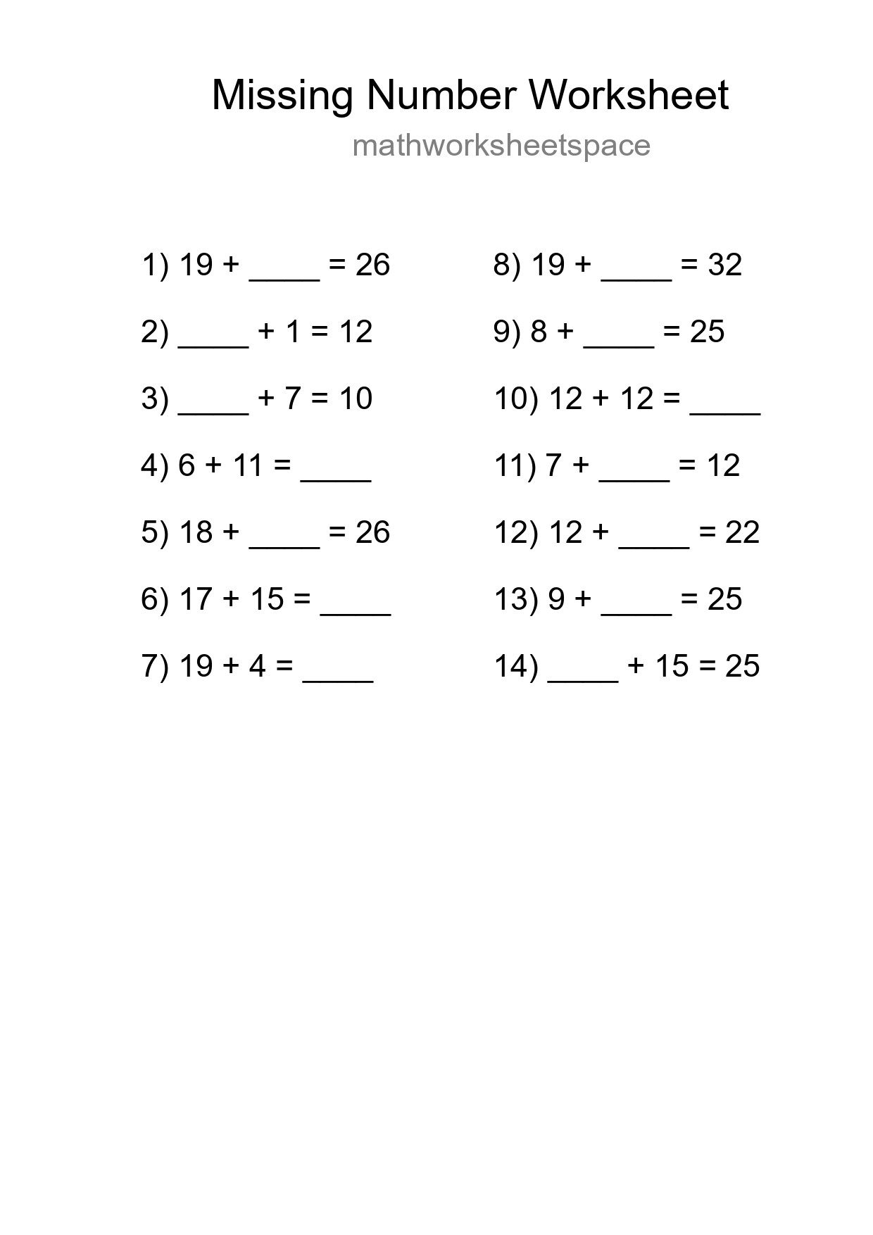 Missing Number Math Worksheet