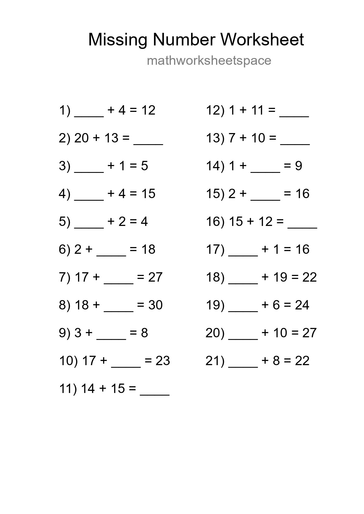 Missing Number Math Worksheet