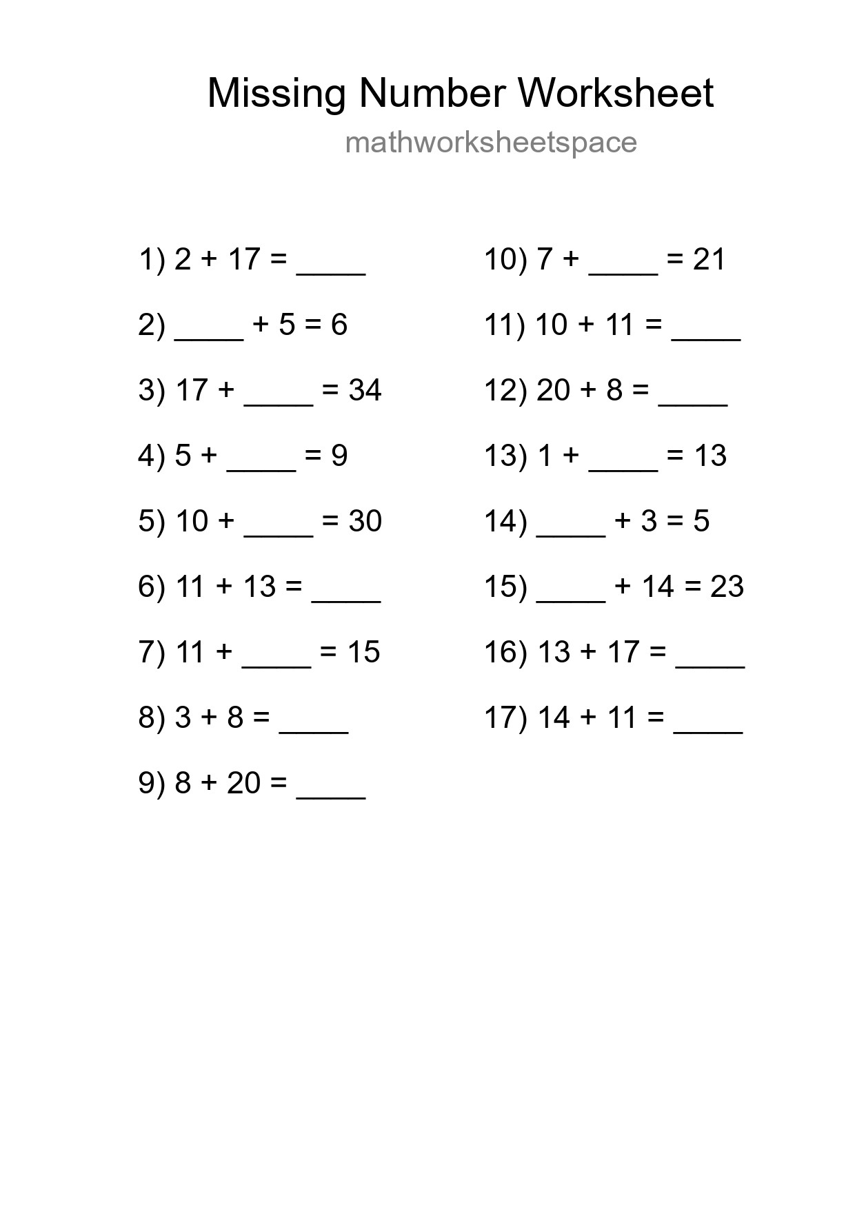 Missing Number Math Worksheet