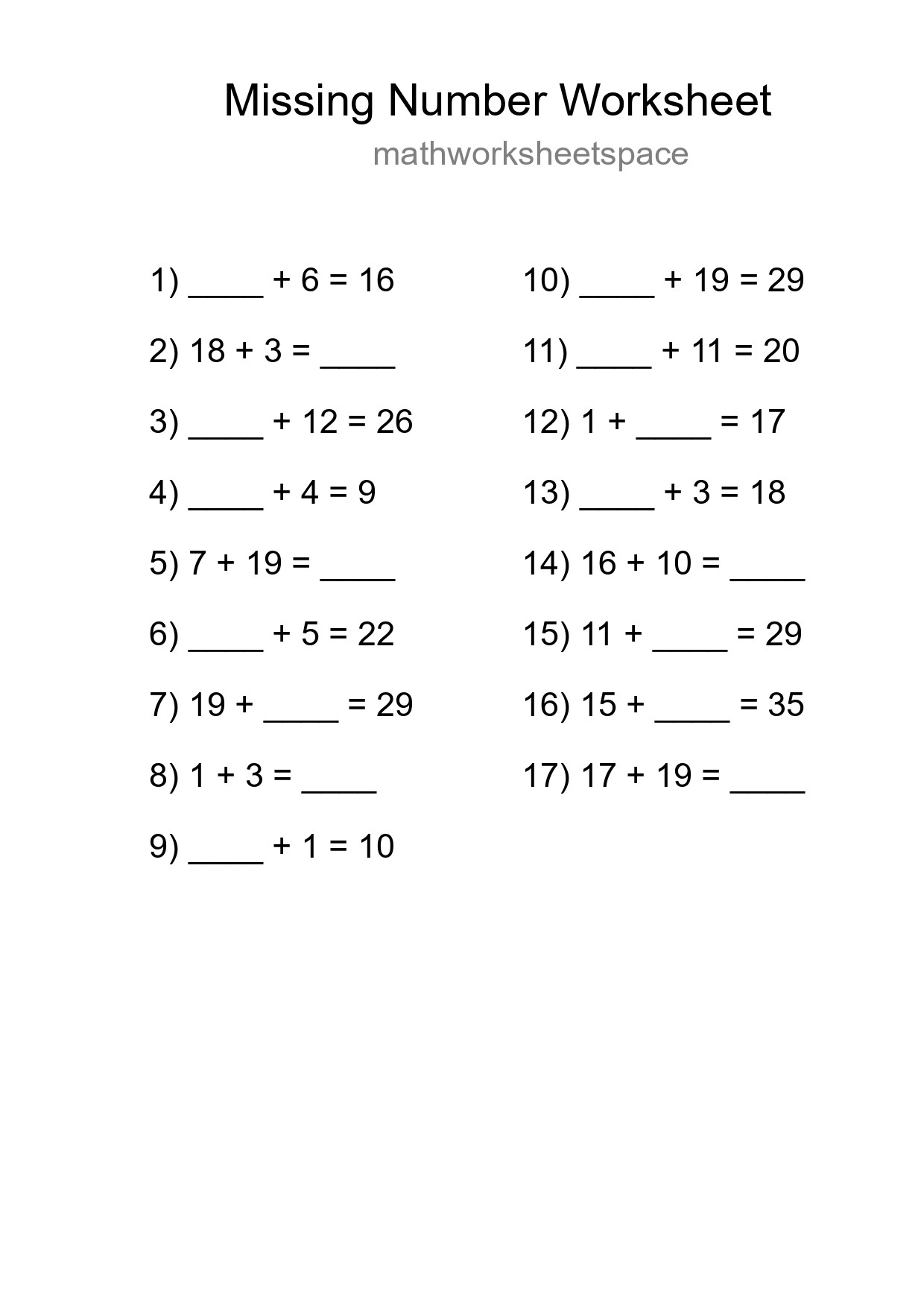Missing Number Math Worksheet