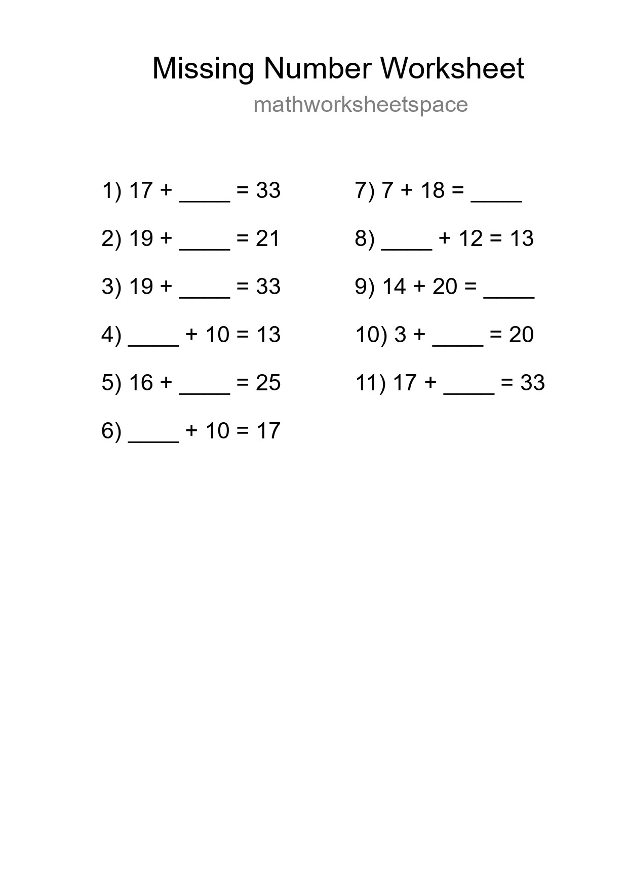 Missing Number Math Worksheet