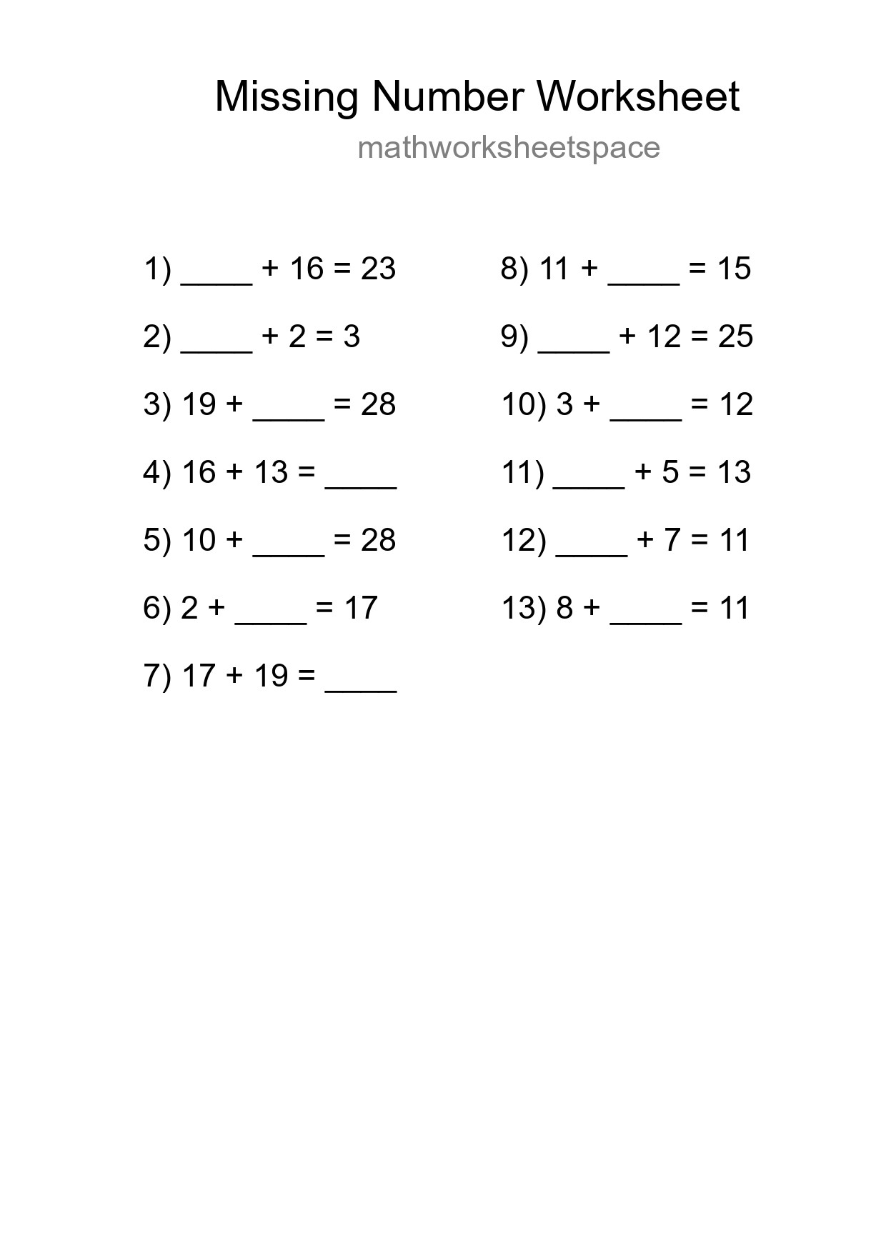 Missing Number Math Worksheet