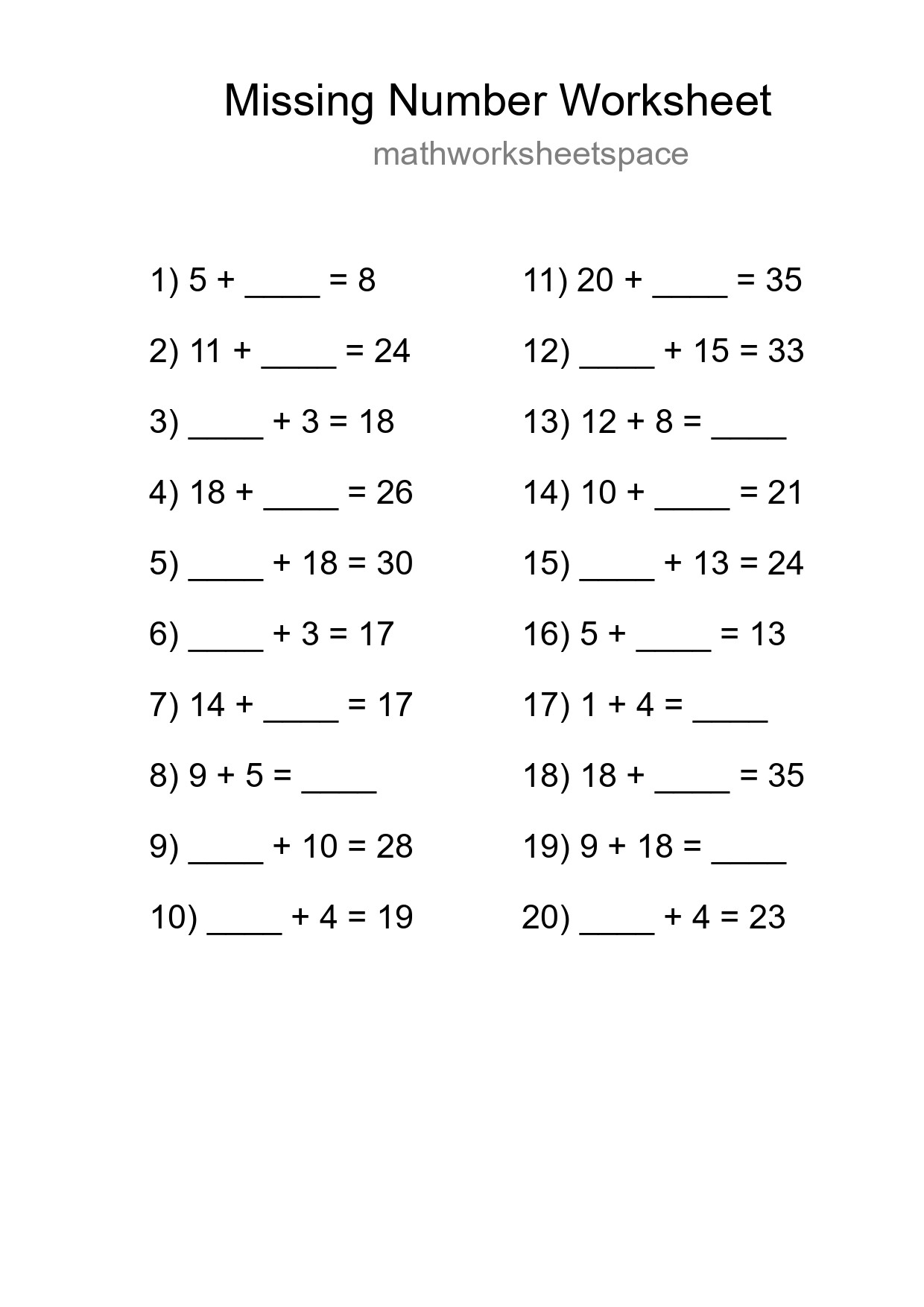 Missing Number Math Worksheet