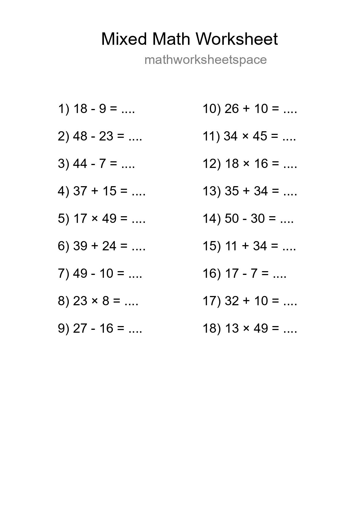 Mixed Operations Math Worksheet