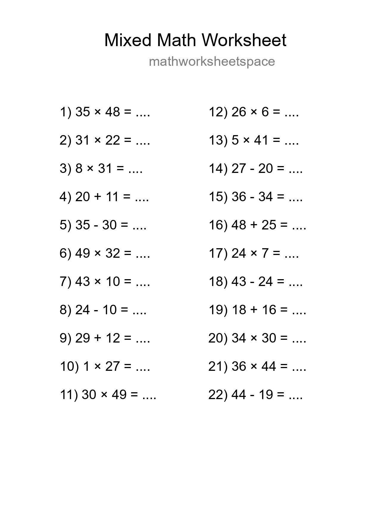 Mixed Operations Math Worksheet