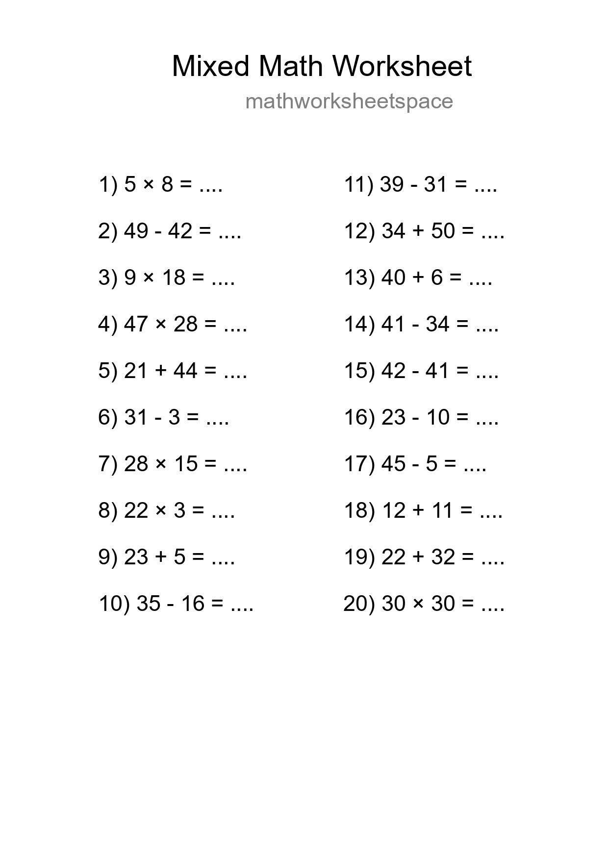 Mixed Operations Math Worksheet