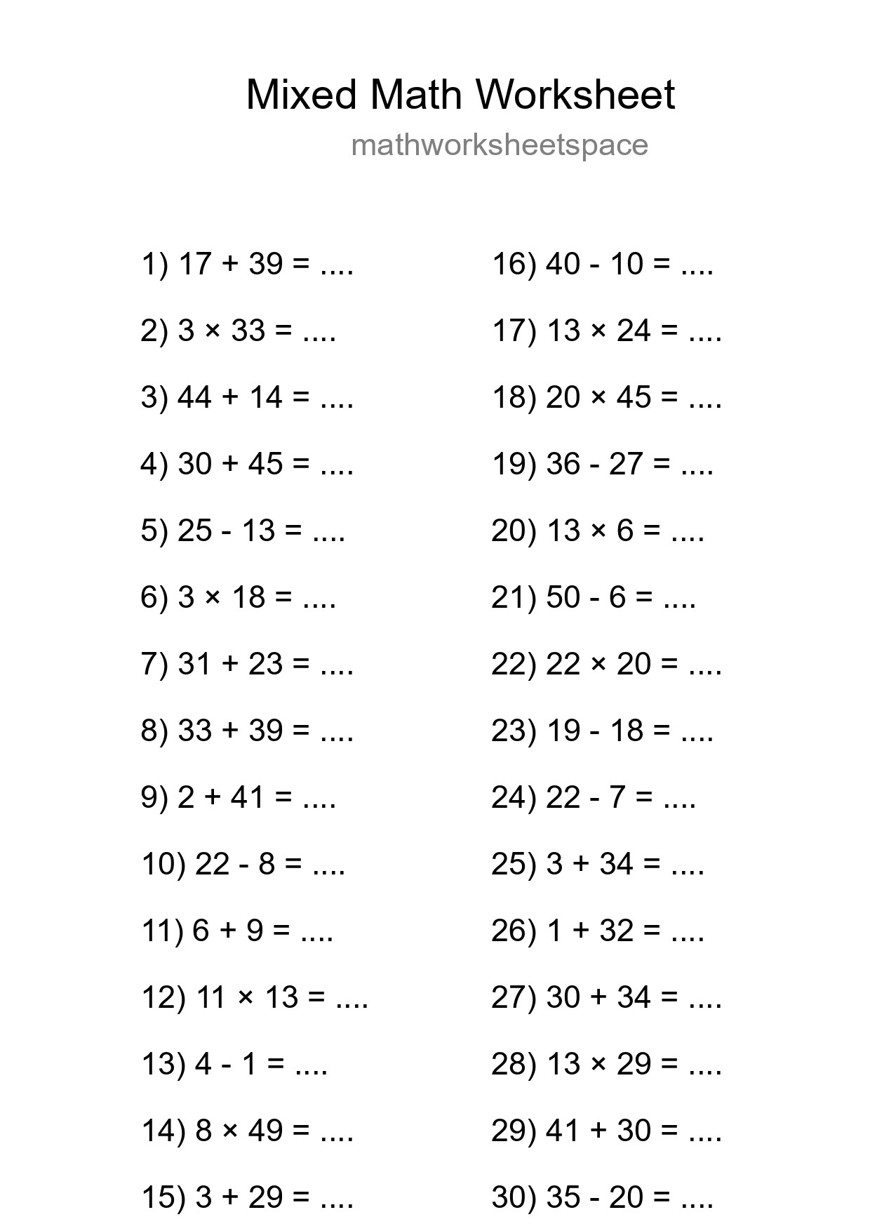 Mixed Operations Math Worksheet