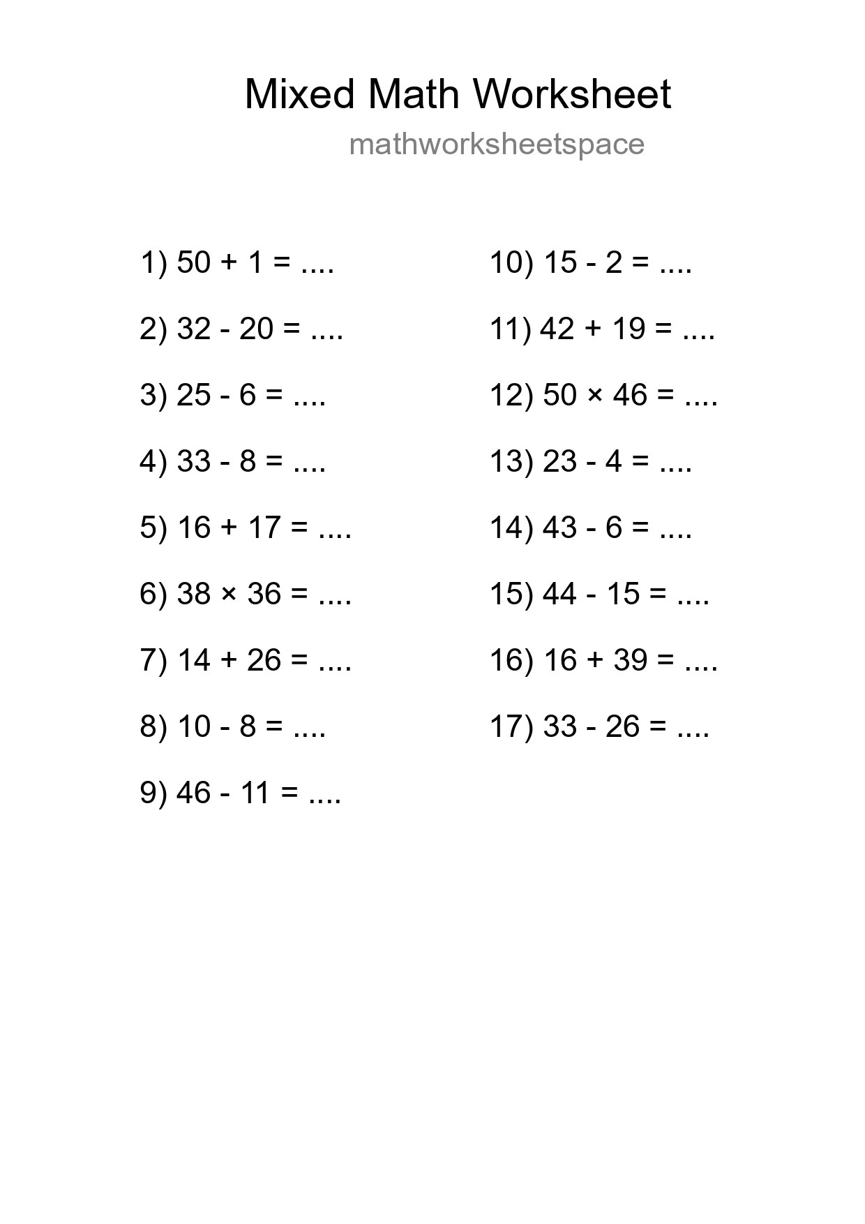 Mixed Operations Math Worksheet