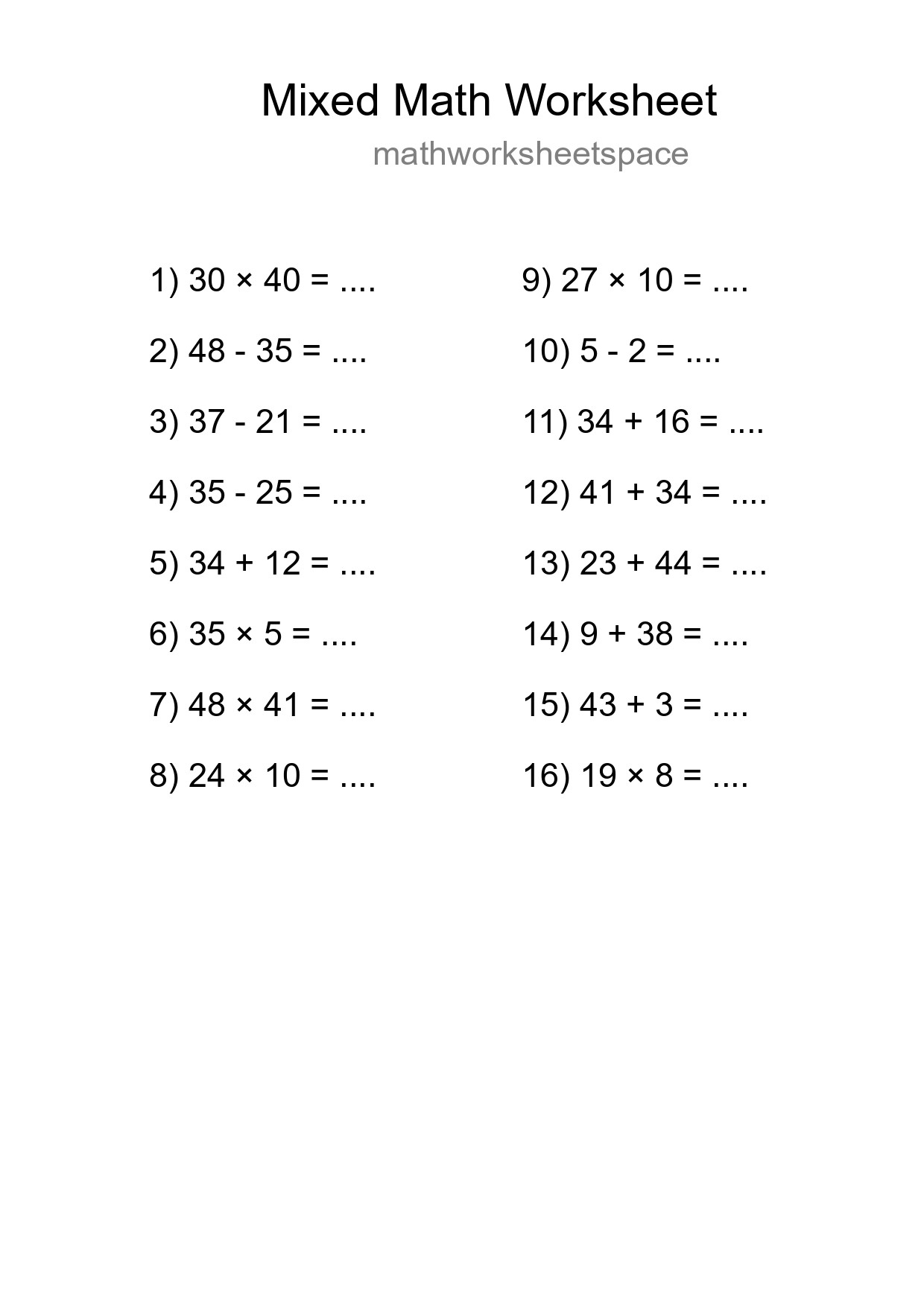 Mixed Operations Math Worksheet