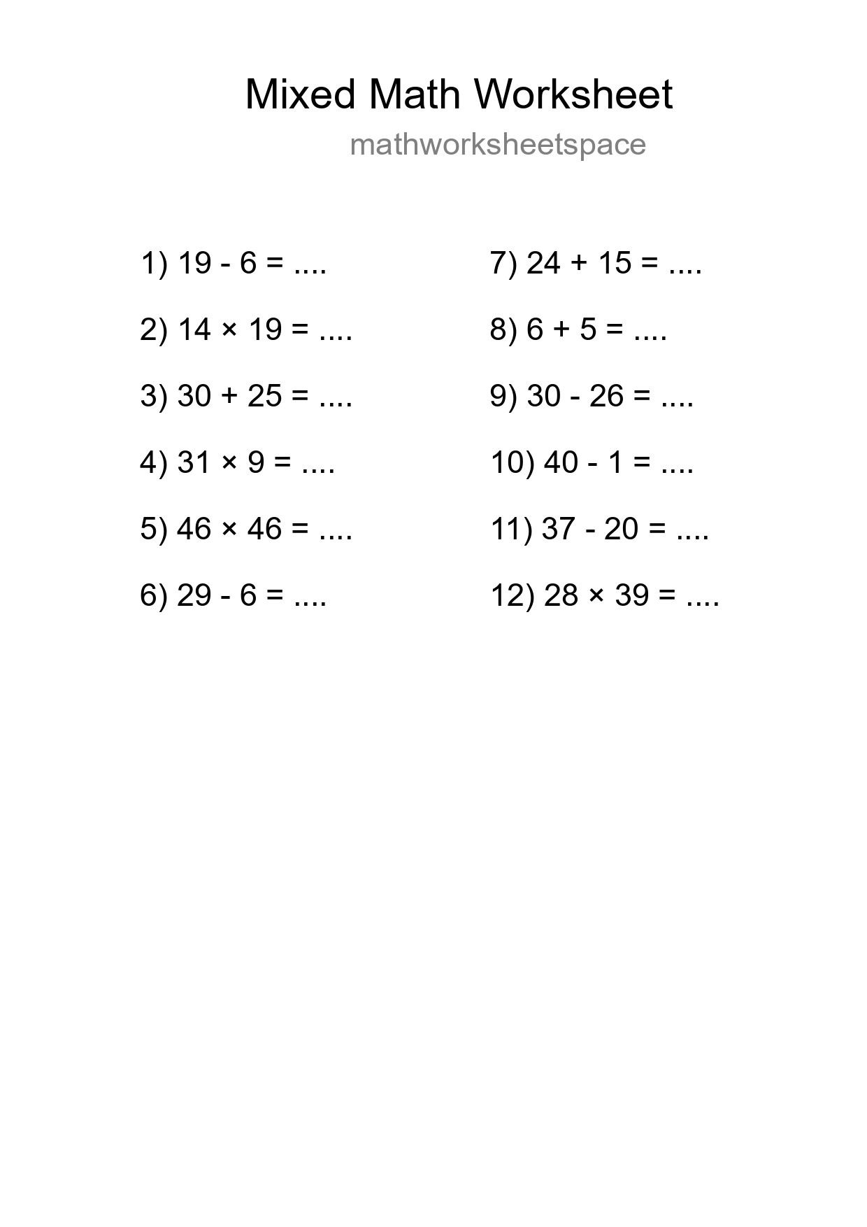 Mixed Operations Math Worksheet