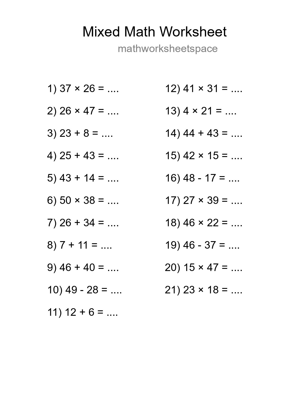 Mixed Operations Math Worksheet
