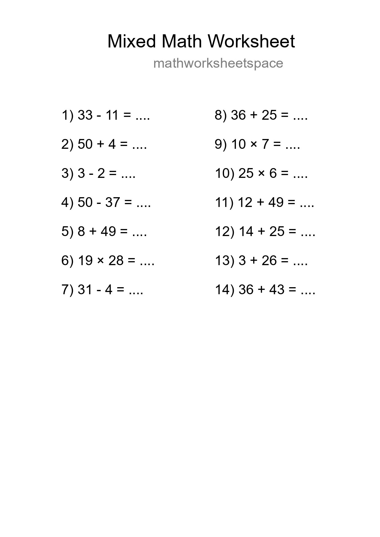 Mixed Operations Math Worksheet