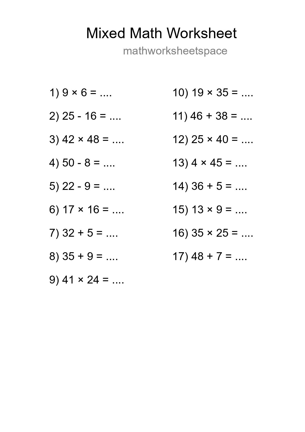 Mixed Operations Math Worksheet