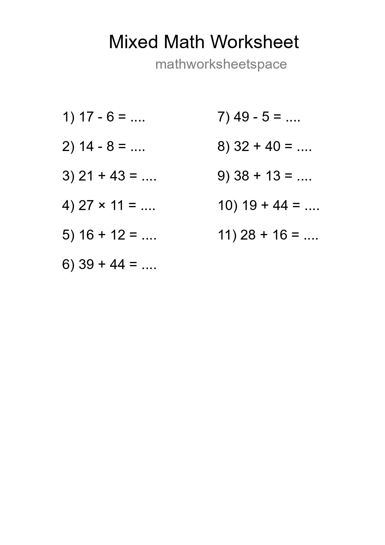 Mixed Operations Math Worksheet