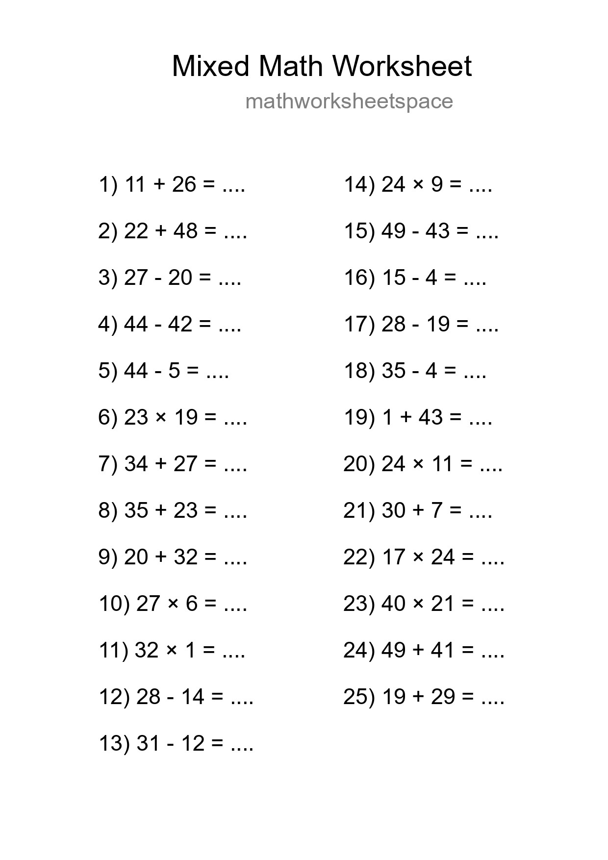 Mixed Operations Math Worksheet