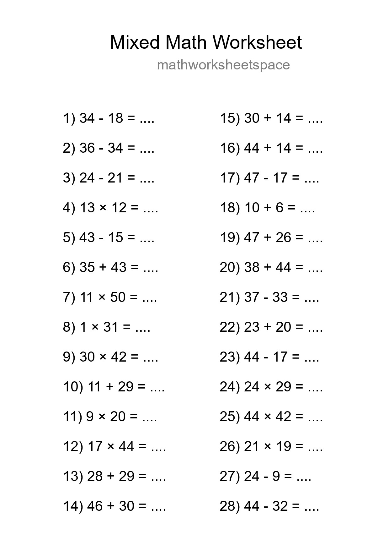 Mixed Operations Math Worksheet