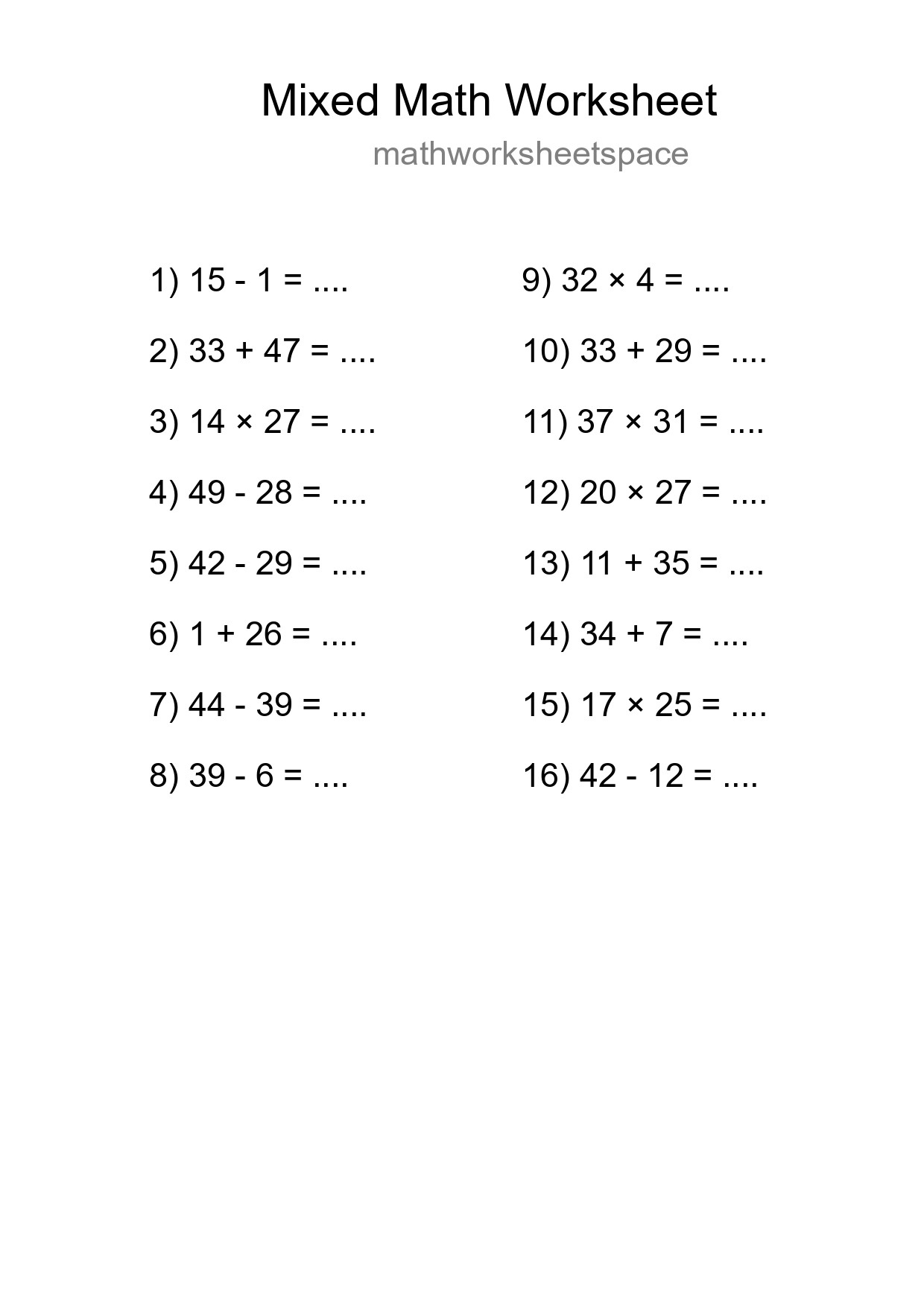 Mixed Operations Math Worksheet