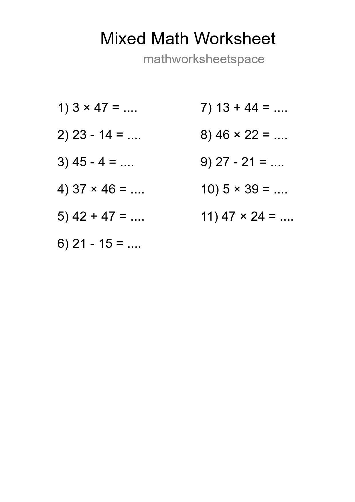 Mixed Operations Math Worksheet