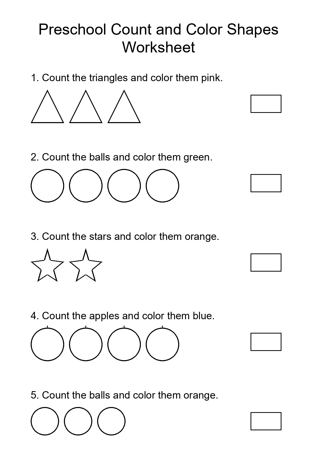 Preschool Count and Color Shapes Worksheet