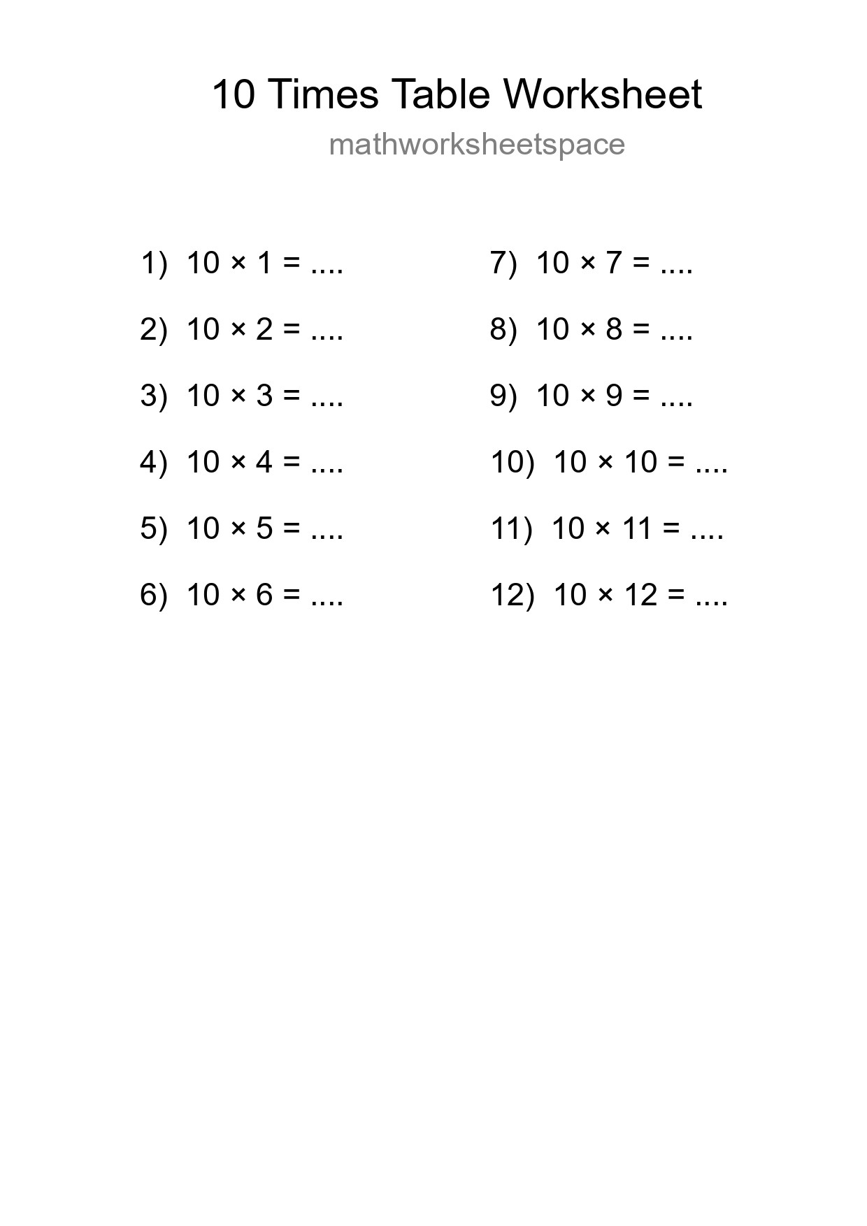 Printable 10 Times Table Worksheet For Grade 3 - Part 239