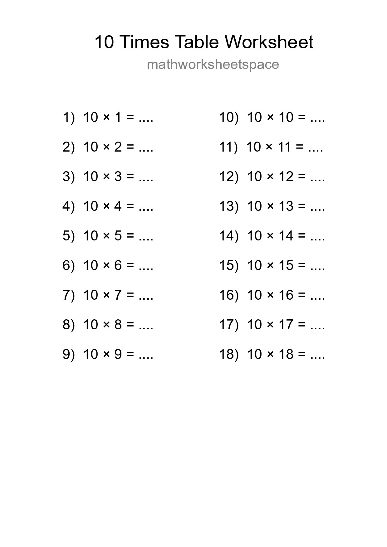 Printable 10 Times Table Worksheet For Grade 3 - Part 39