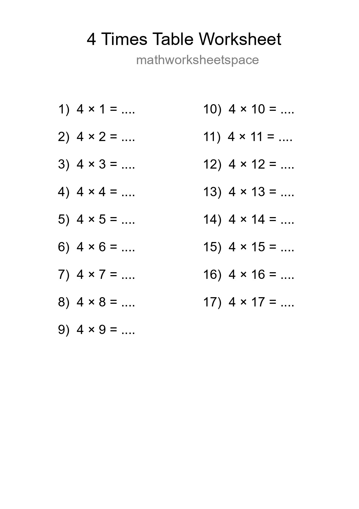 Printable 4 Times Table Worksheet For Grade 2 - Part 249