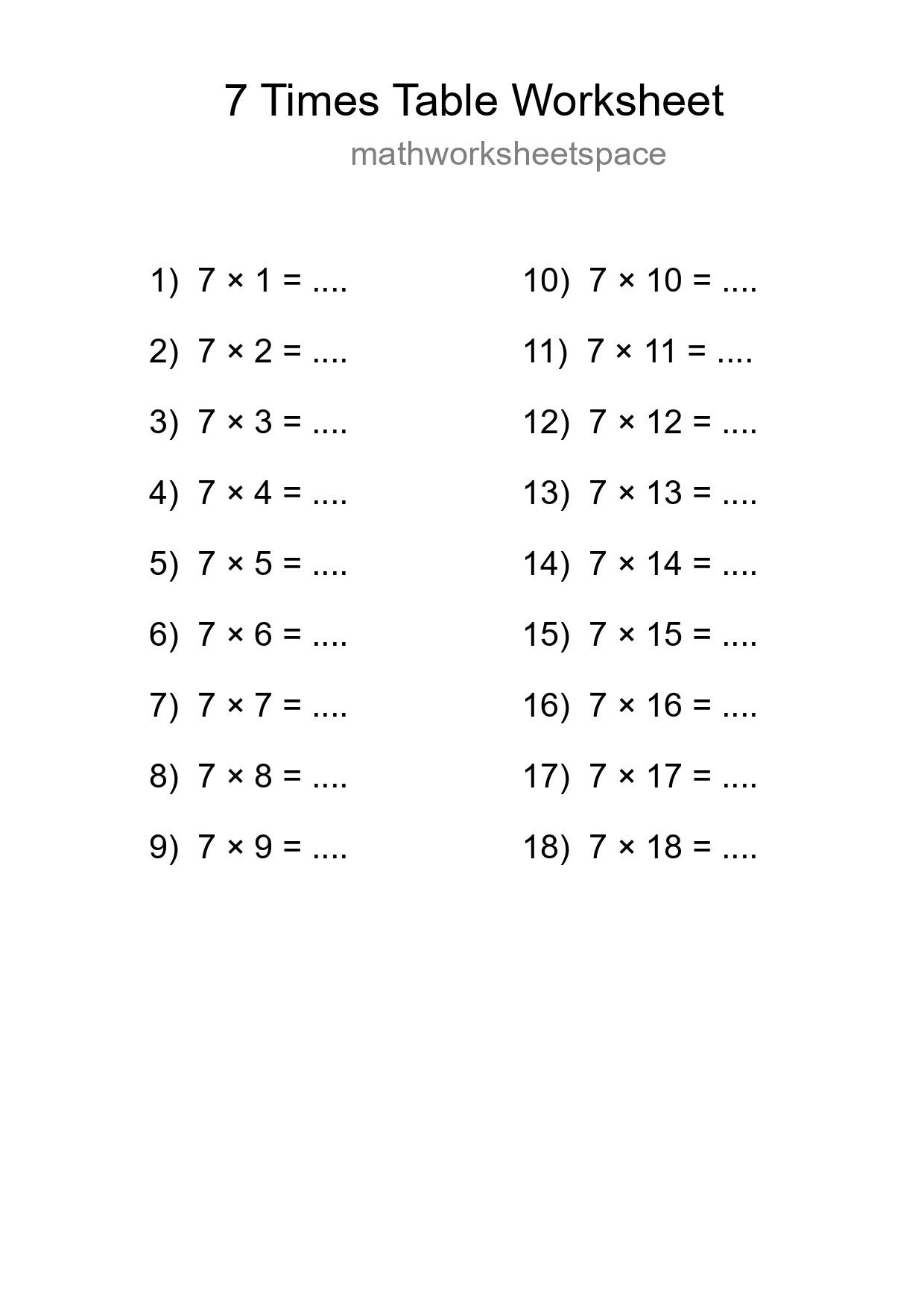 Printable 7 Times Table Worksheet For Grade 3 - Part 279