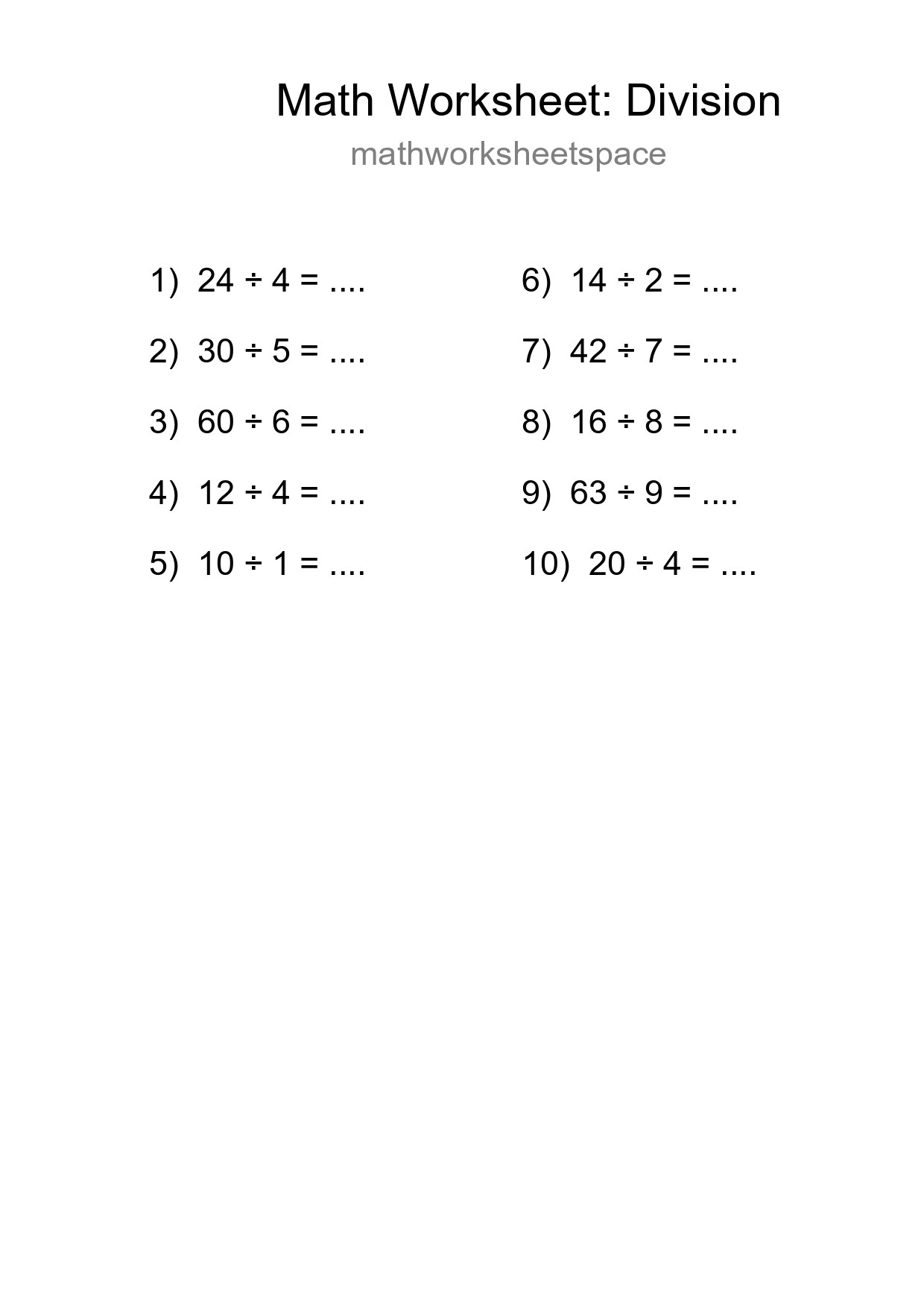 Printable Free 10 Division Math Worksheet For Grade 1 - Part 224