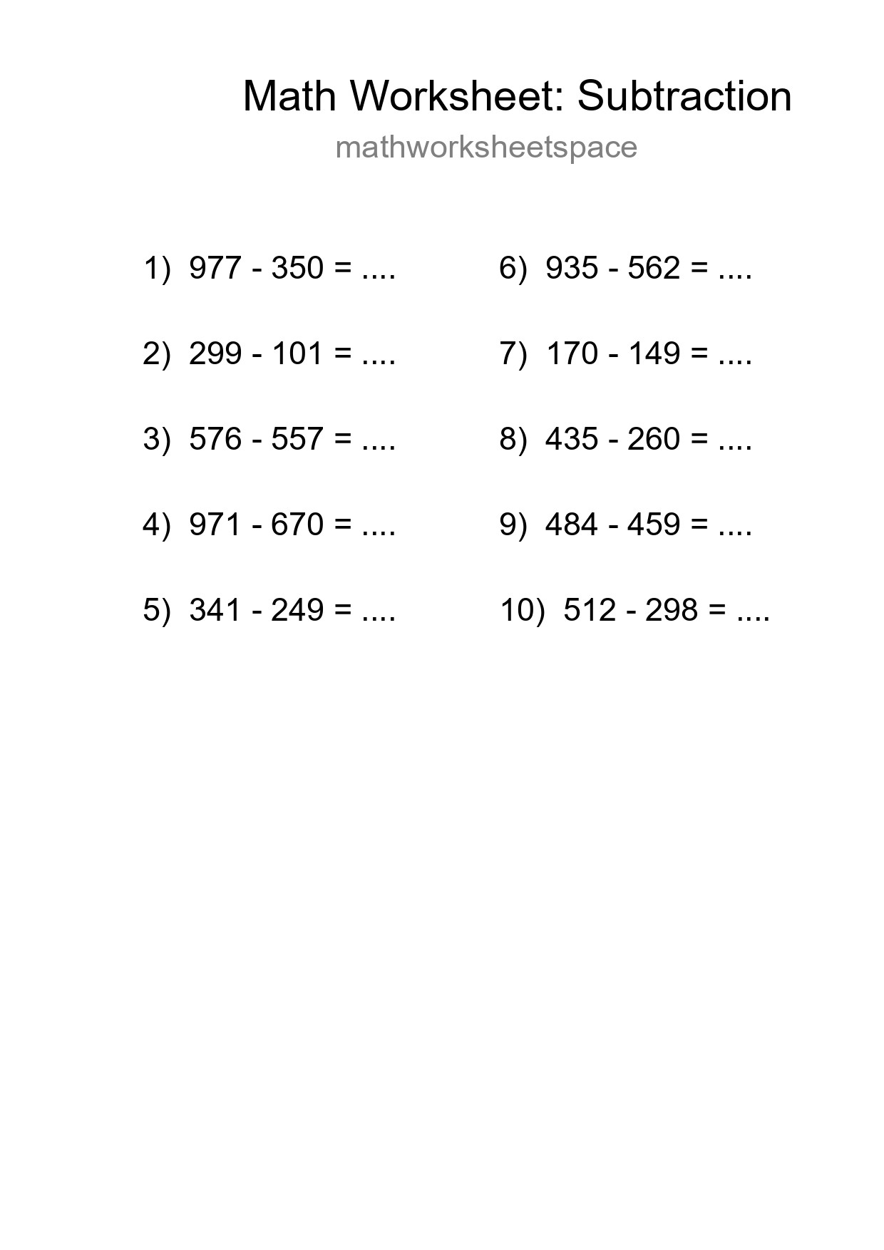 Printable Free 10 Subtraction Math Worksheet For Grade 5 - Part 58