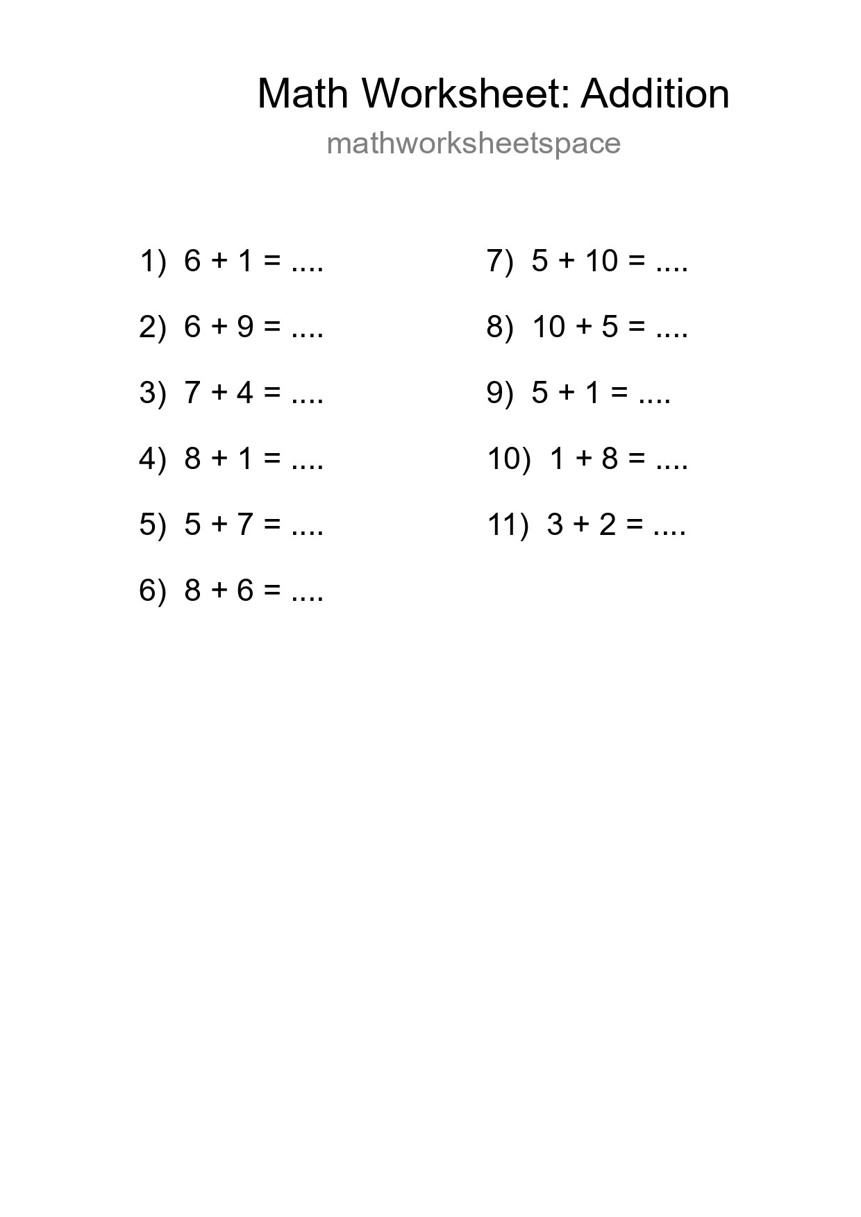 Printable Free 11 Addition Math Worksheet For Grade 1 - Part 231
