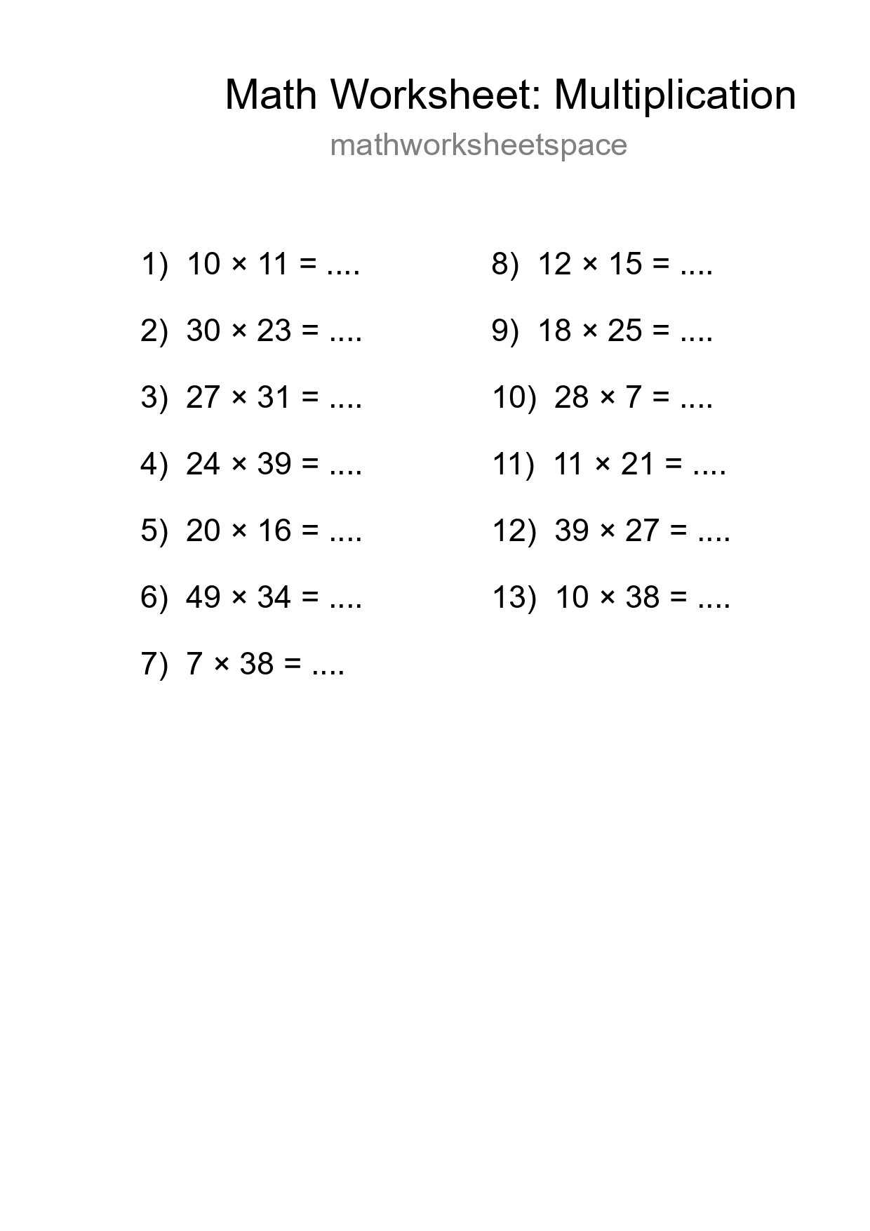 Printable Free 13 Multiplication Math Worksheet For Grade 2 - Part 247