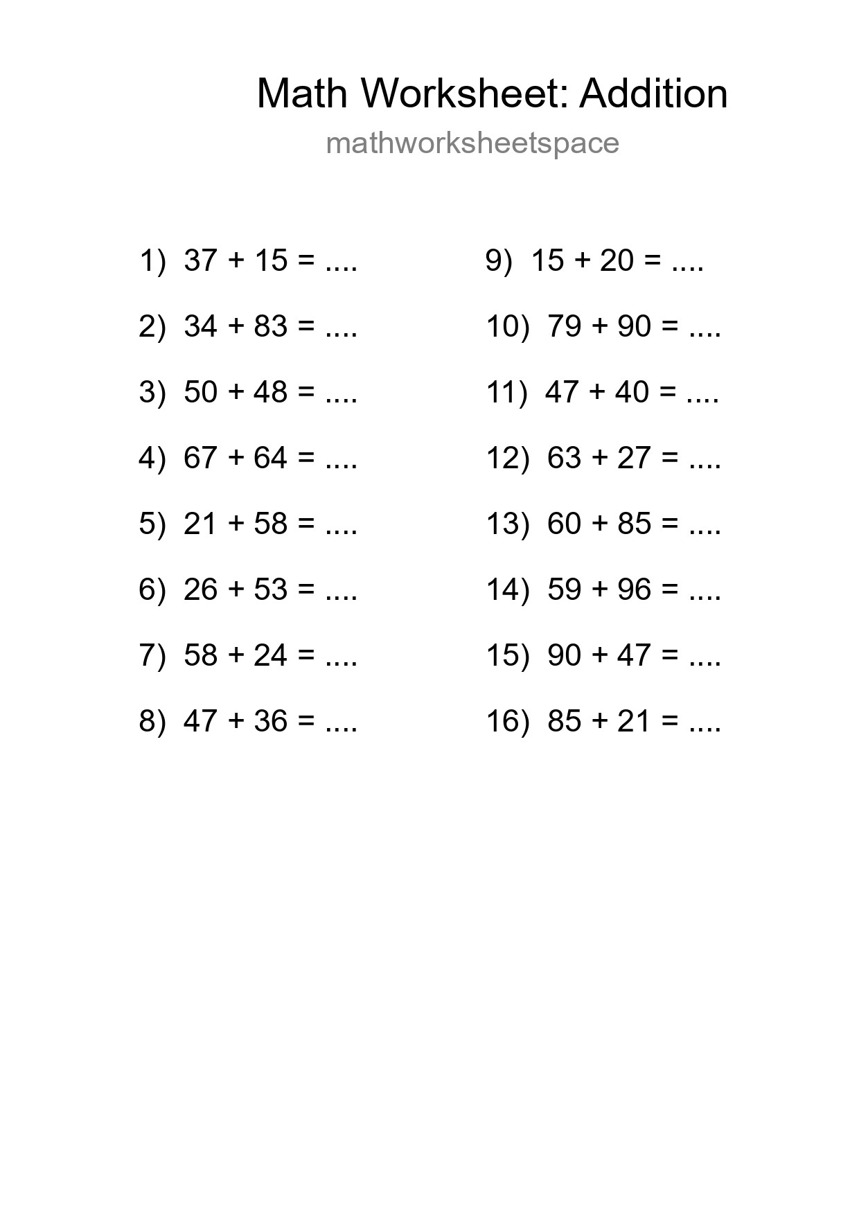 Printable Free 16 Addition Math Worksheet For Grade 3