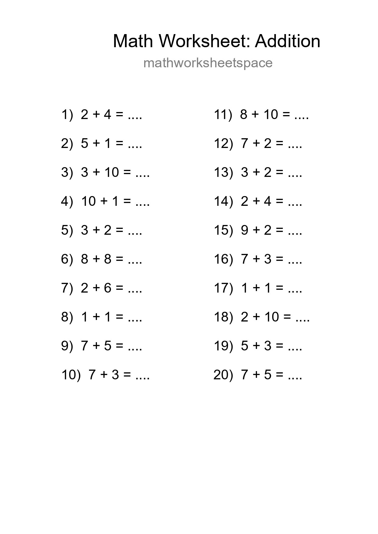 Printable Free 20 Addition Math Worksheet For Grade 1 - Part 271