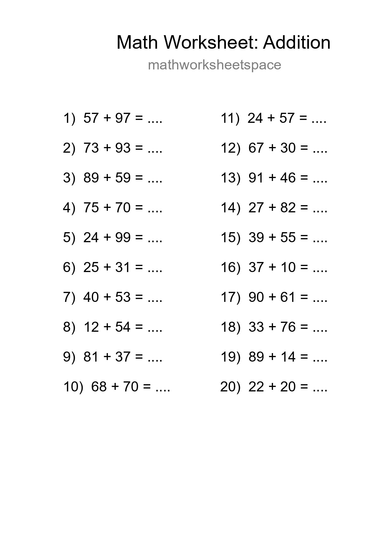 Printable Free 20 Addition Math Worksheet For Grade 3 - Part 31