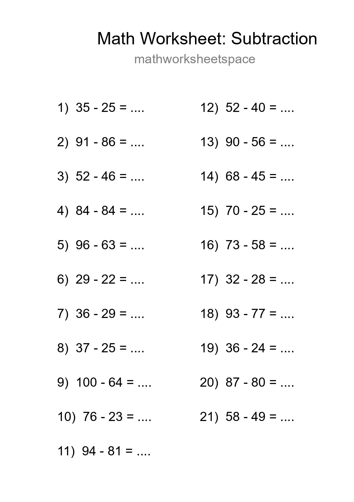 Printable Free 21 Subtraction Math Worksheet For Grade 3 - Part 168