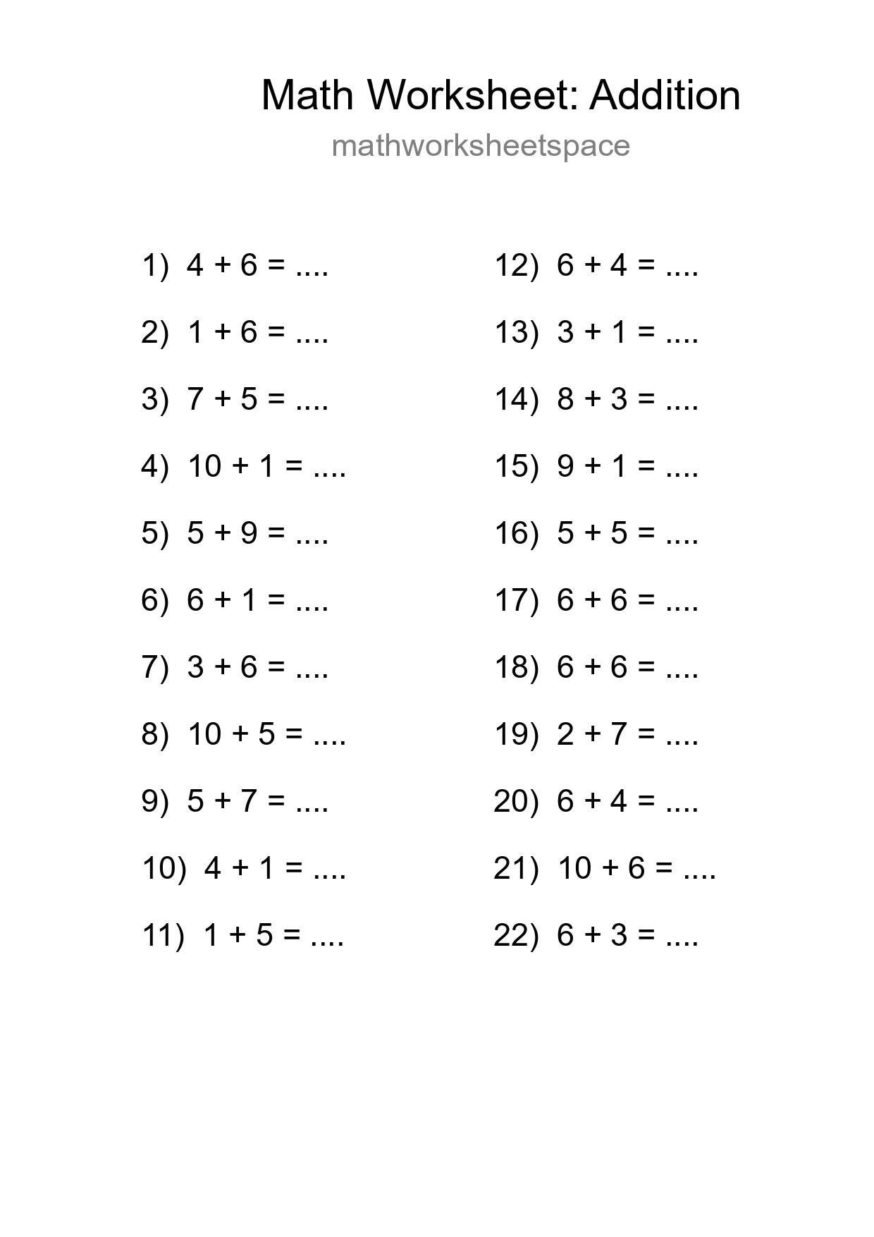 Printable Free 22 Addition Math Worksheet For Grade 1 - Part 251